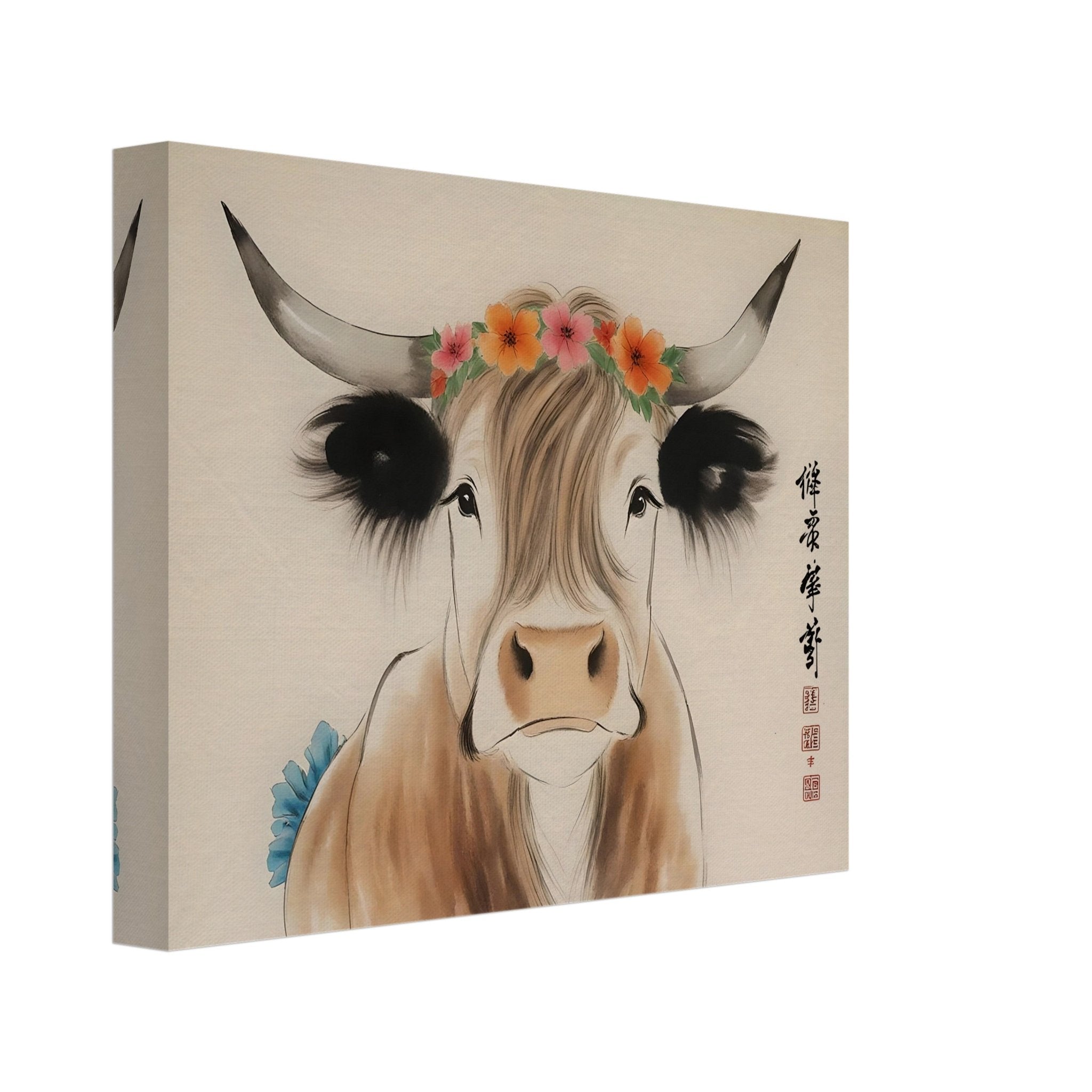 Highland Cow Canvas Print Rustic Chinese Brush Painting Animal Wall Decor - WallArtPrints4U