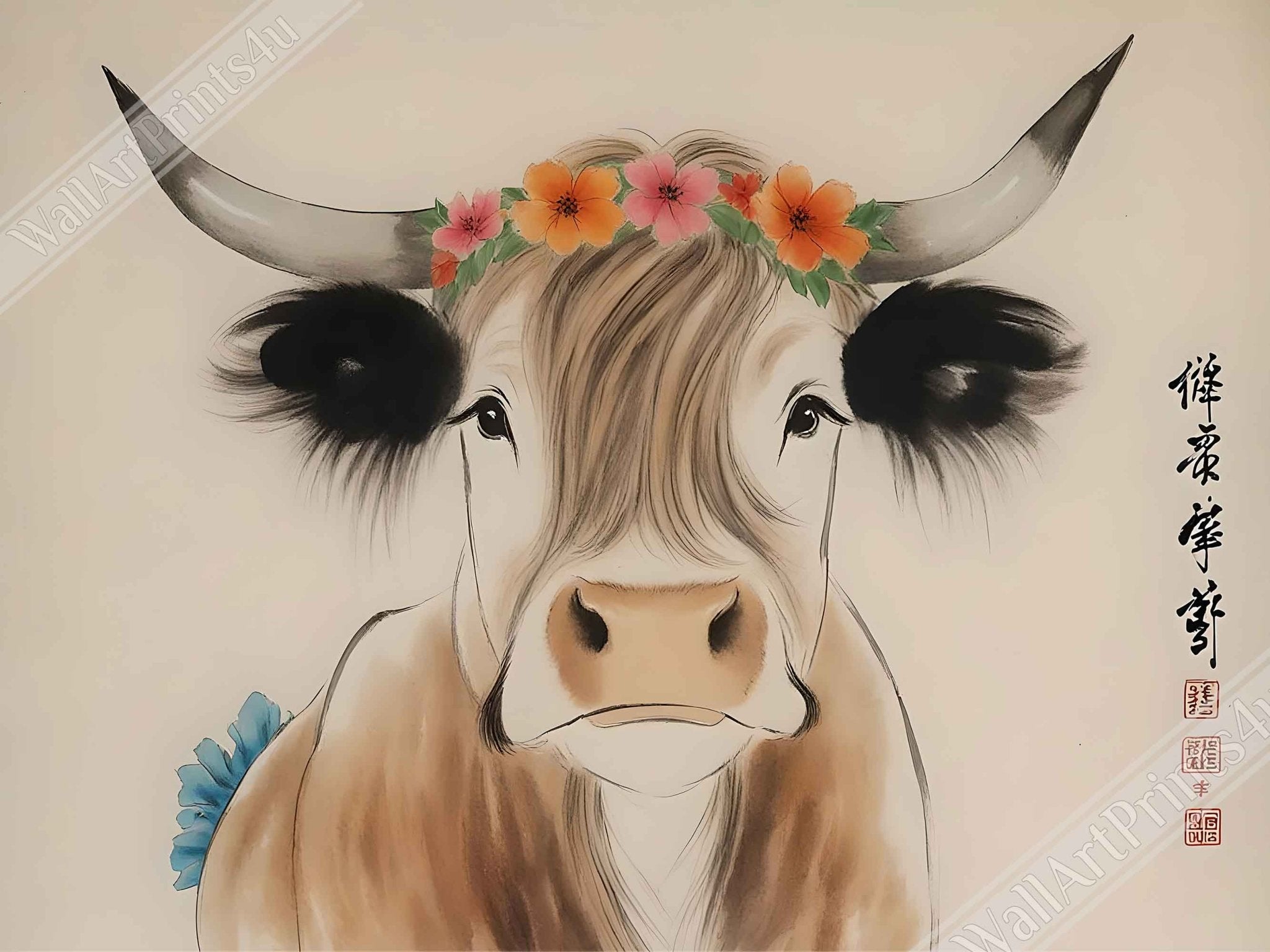 Highland Cow Poster Chinese Brush Painting Style Rustic Boho Wall Decor - WallArtPrints4U