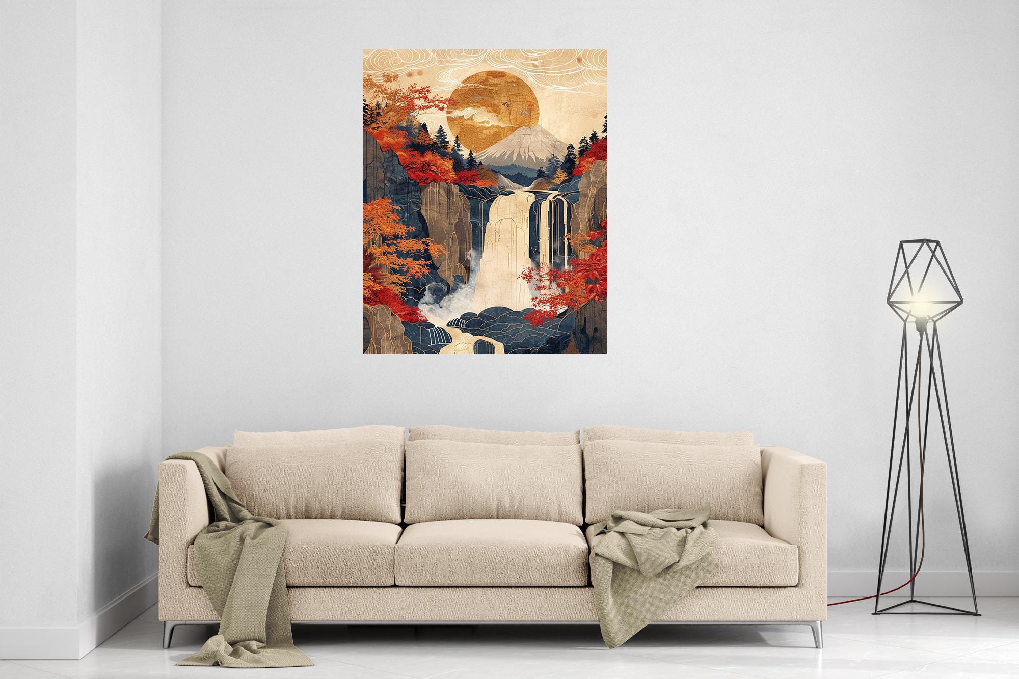 Japanese Ukiyo E Autumn / Fall Waterfall Poster Vintage Japan Woodblock Print Wall Art Maple Leaf Print - WallArtPrints4U