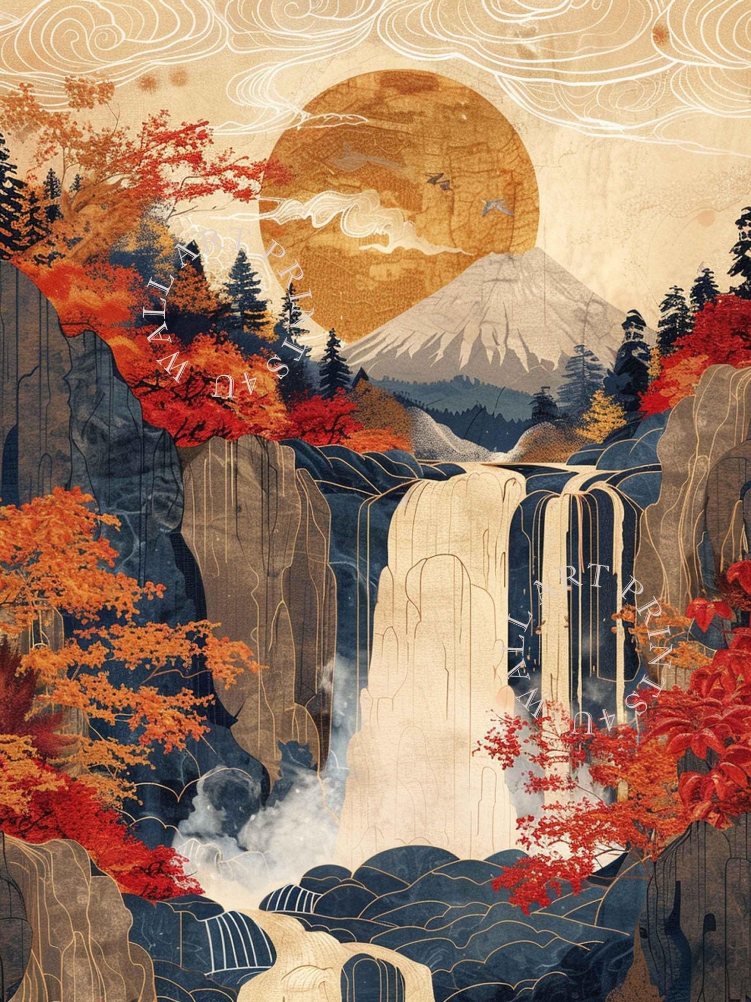 Japanese Ukiyo E Autumn / Fall Waterfall Poster Vintage Japan Woodblock Print Wall Art Maple Leaf Print - WallArtPrints4U
