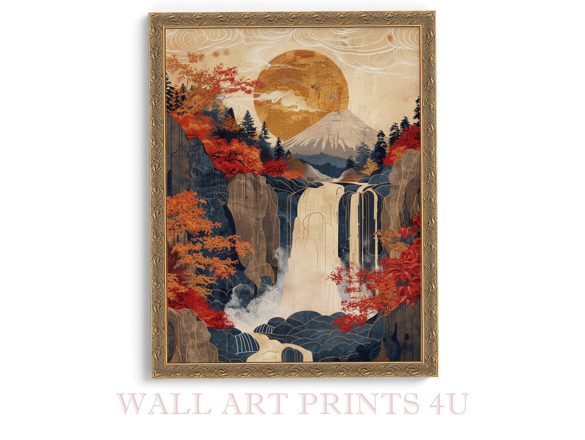 Japanese Ukiyo - E Autumn Waterfall Digital Download Vintage Japan Woodblock Print Style Printable Wall Art - WallArtPrints4U