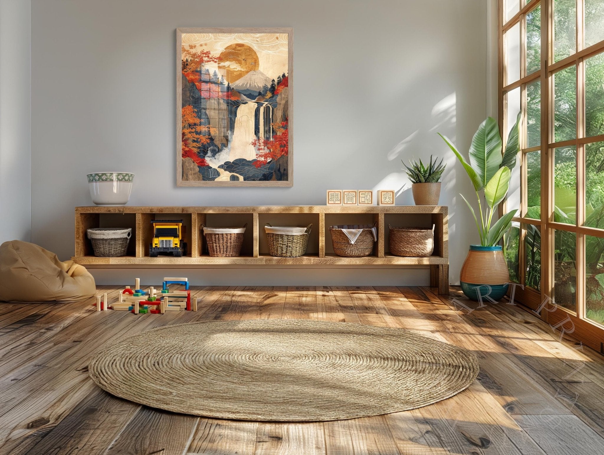 Japanese Ukiyo - E Autumn Waterfall Digital Download Vintage Japan Woodblock Print Style Printable Wall Art - WallArtPrints4U