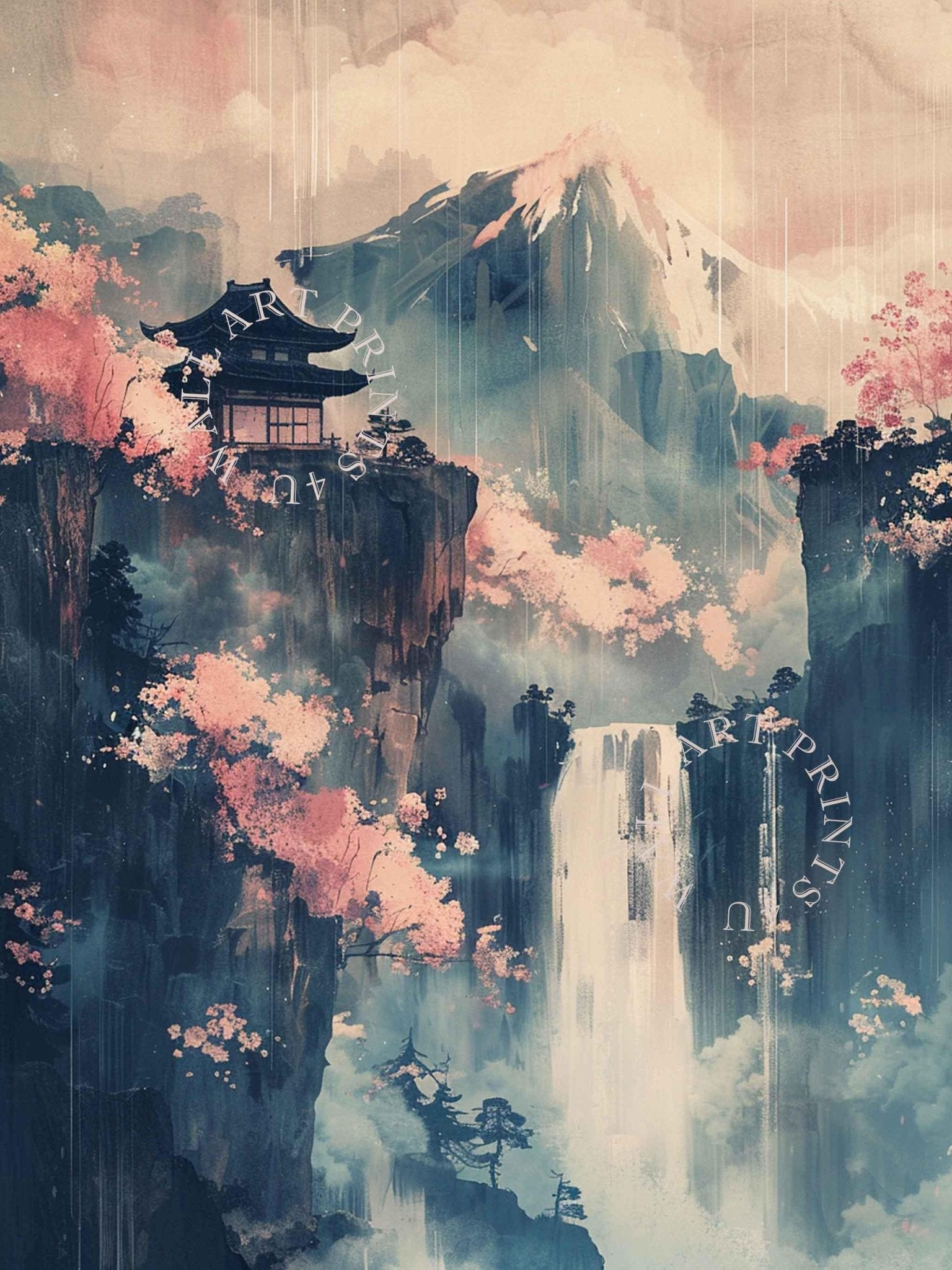 Japanese Ukiyo - E Spring Waterfall Canvas Print Vintage Japan Woodblock Wall Art Cherry Blossom Painting - WallArtPrints4U