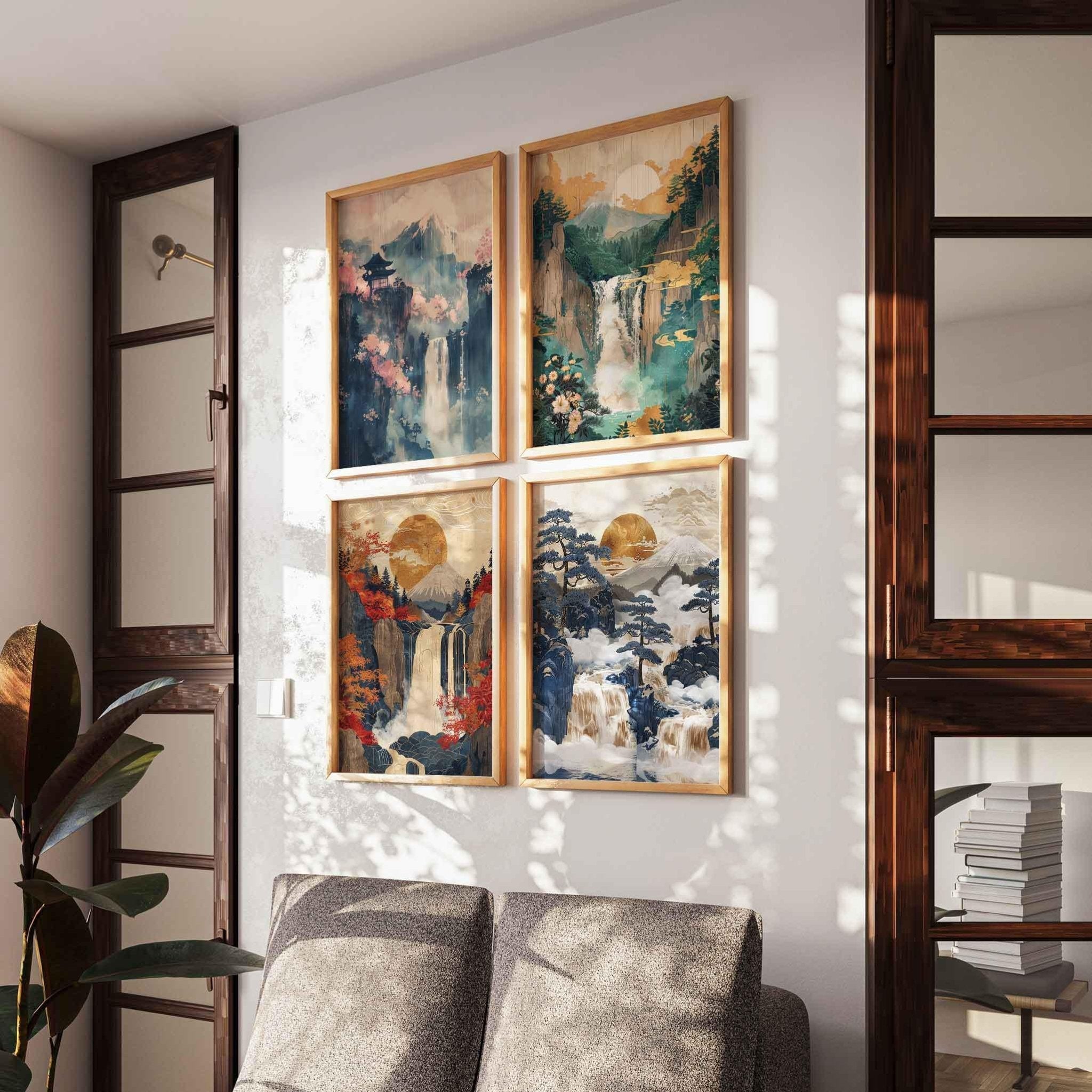 Japanese Ukiyo E Waterfall Prints Bundle Digital Download Vintage Japan Woodblock Art Printable Set - WallArtPrints4U