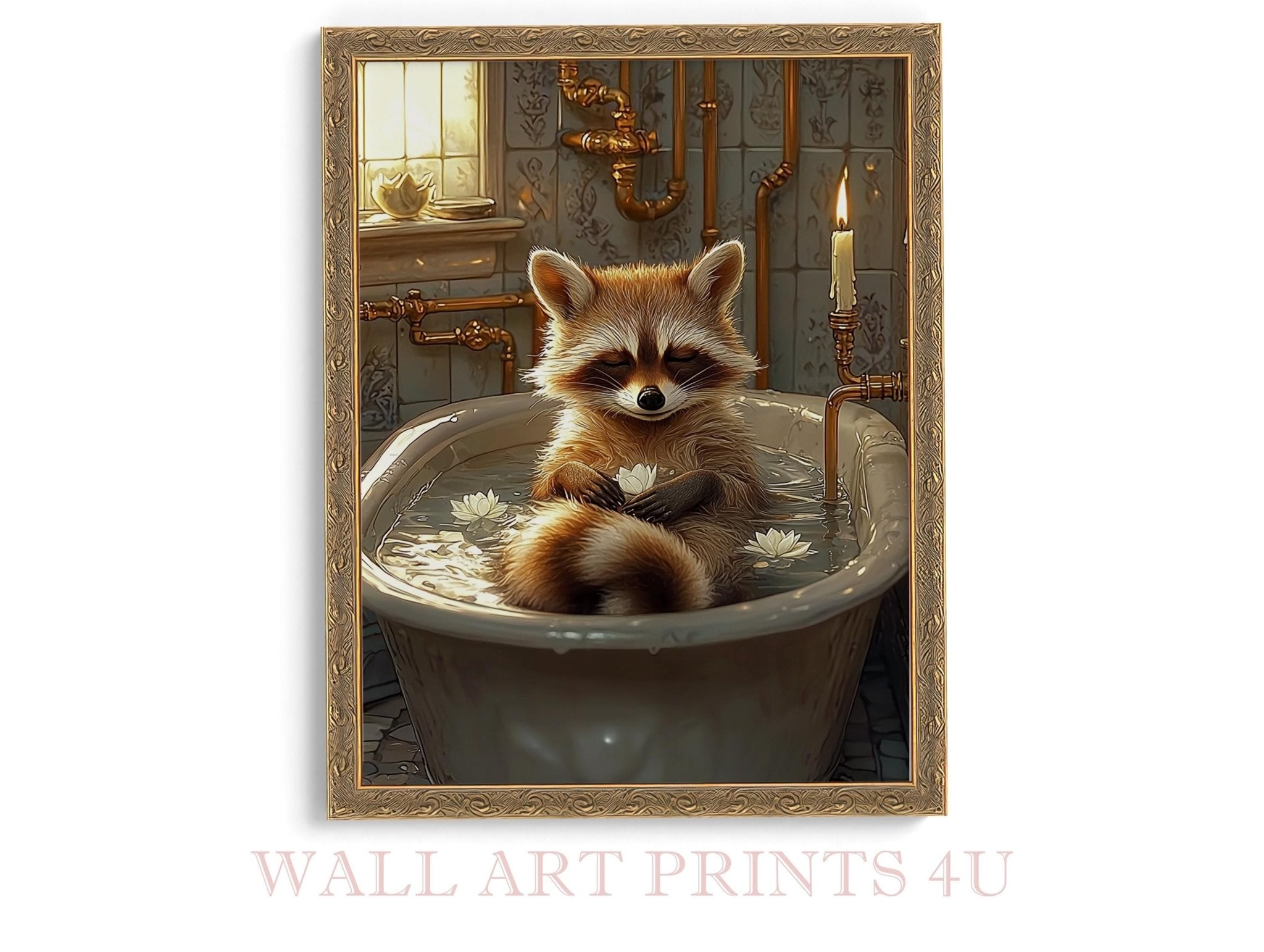 Mindful Raccoon Digital Download In Vintage Bathtub Meditating Feminist Maximalist Printable Wall Art Bathroom Decor Trendy Raccoon Gift - WallArtPrints4U