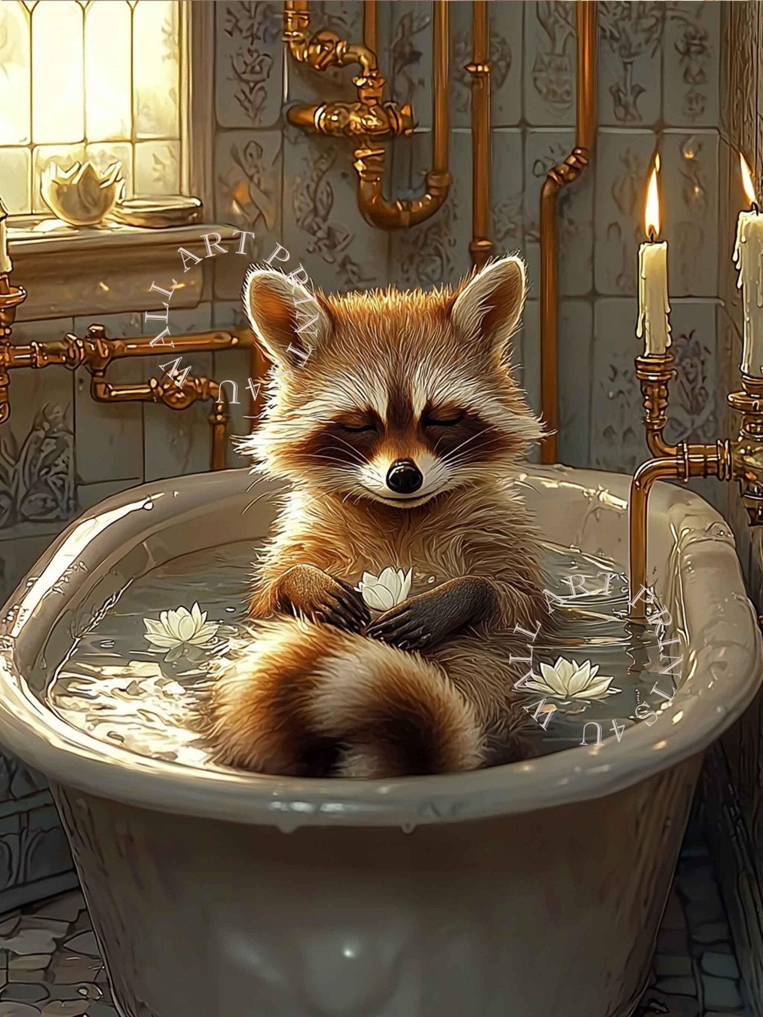 Mindful Raccoon Framed Wall Art Vintage Bathtub Meditation Jungle Decor - WallArtPrints4U