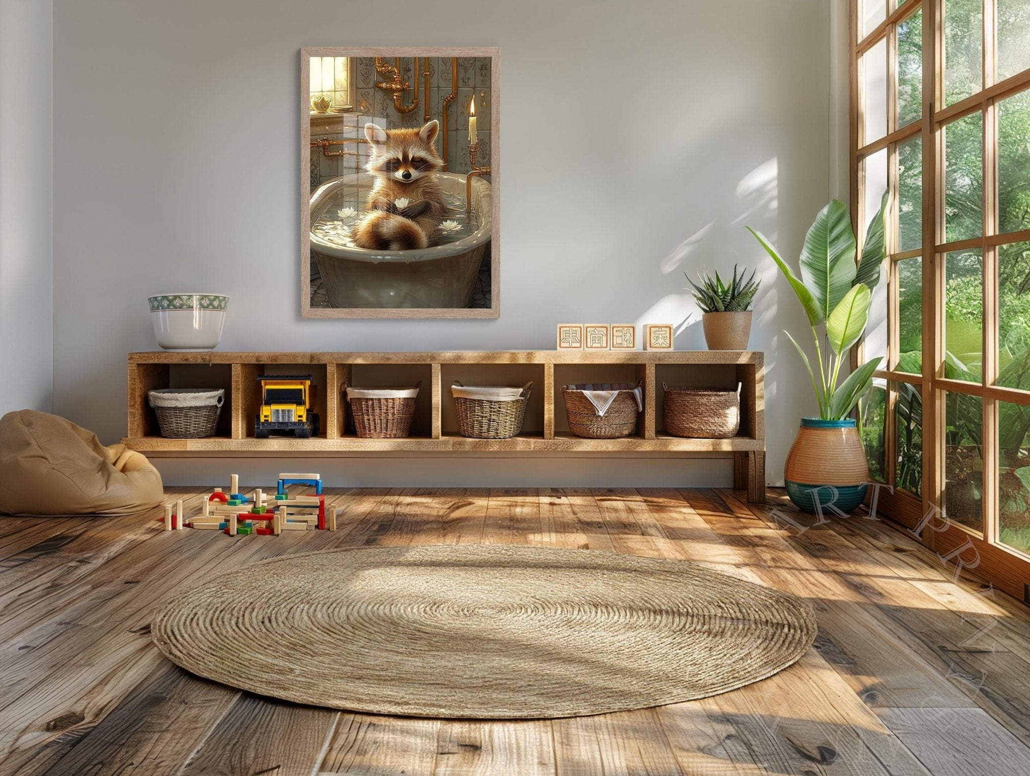 Mindful Raccoon Poster In Vintage Bathtub Meditating Feminist Maximalist Poster Wall Art Bathroom Decor Trendy Raccoon Gift - WallArtPrints4U