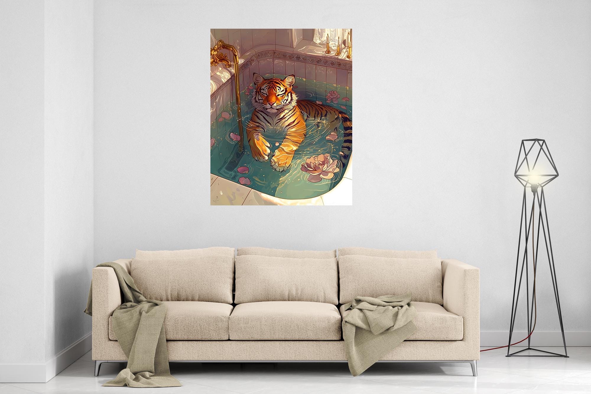 Mindful Tigress Poster Vintage Bathtub Wall Art Feminist Maximalist Meditation Decor Elegant - WallArtPrints4U