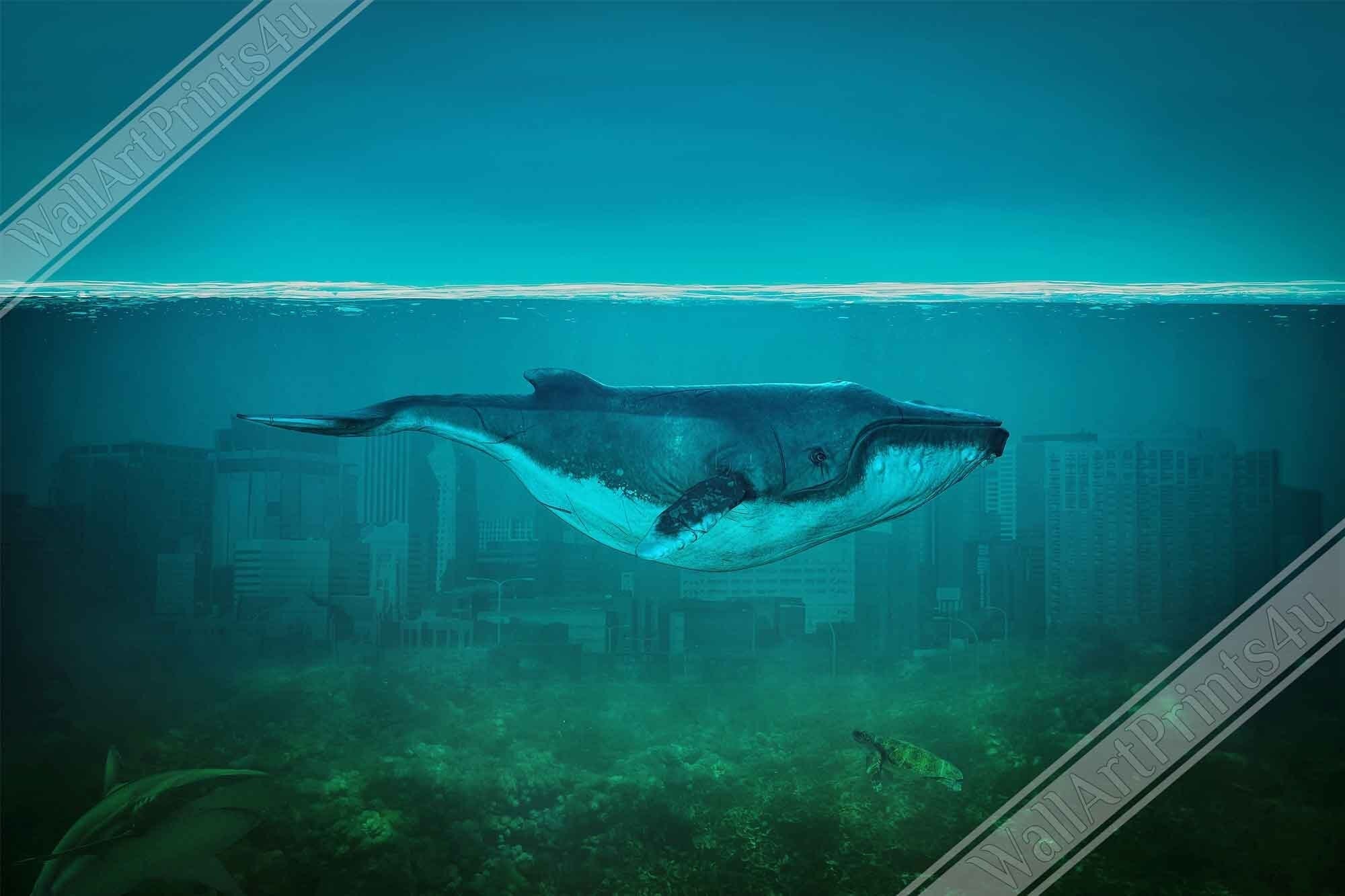 Blue Whale Framed Print Vintage Whale Art - Blue Whale In Underwater City - WallArtPrints4U