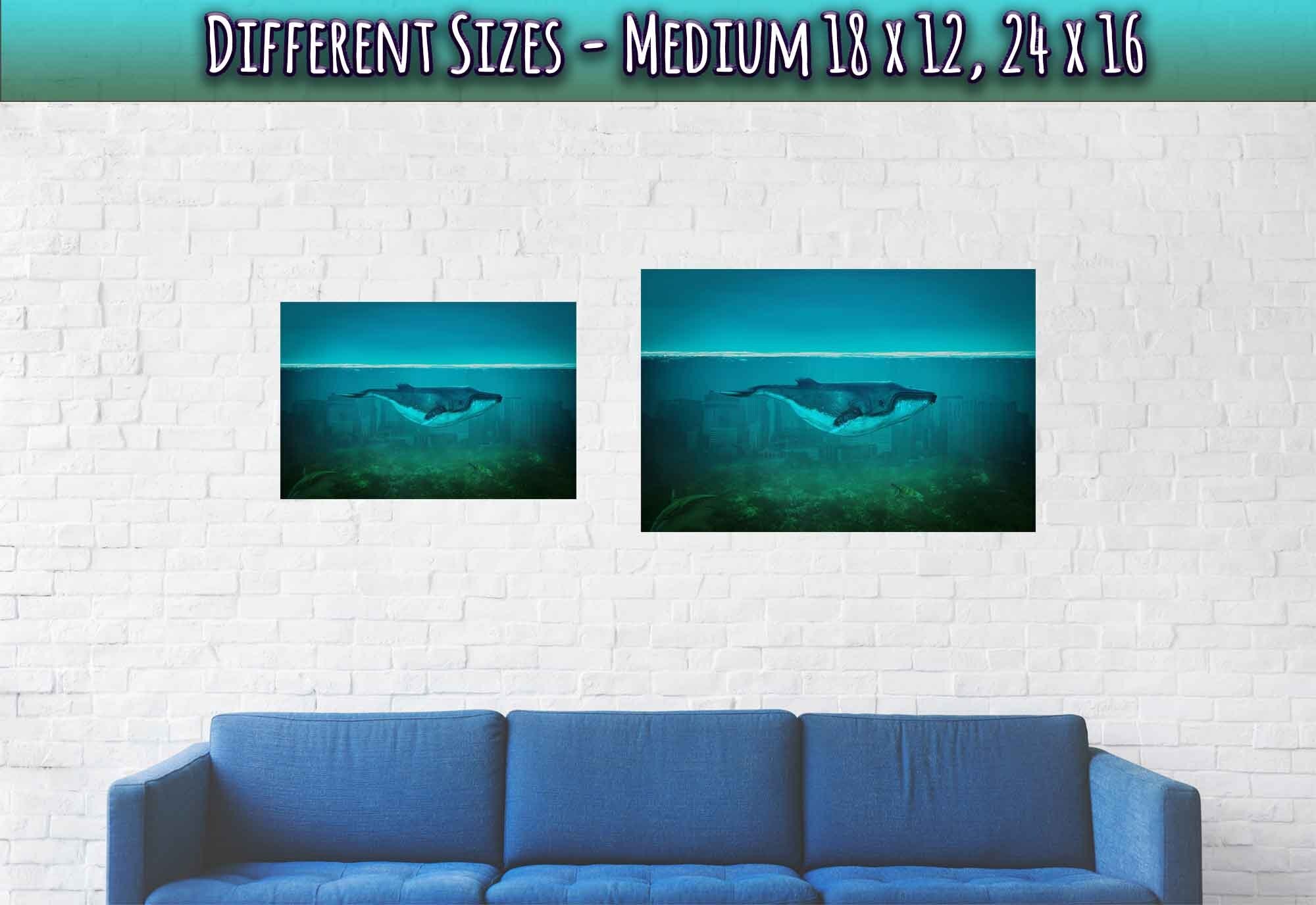Blue Whale Poster Vintage Whale Art - Blue Whale In Underwater City - WallArtPrints4U