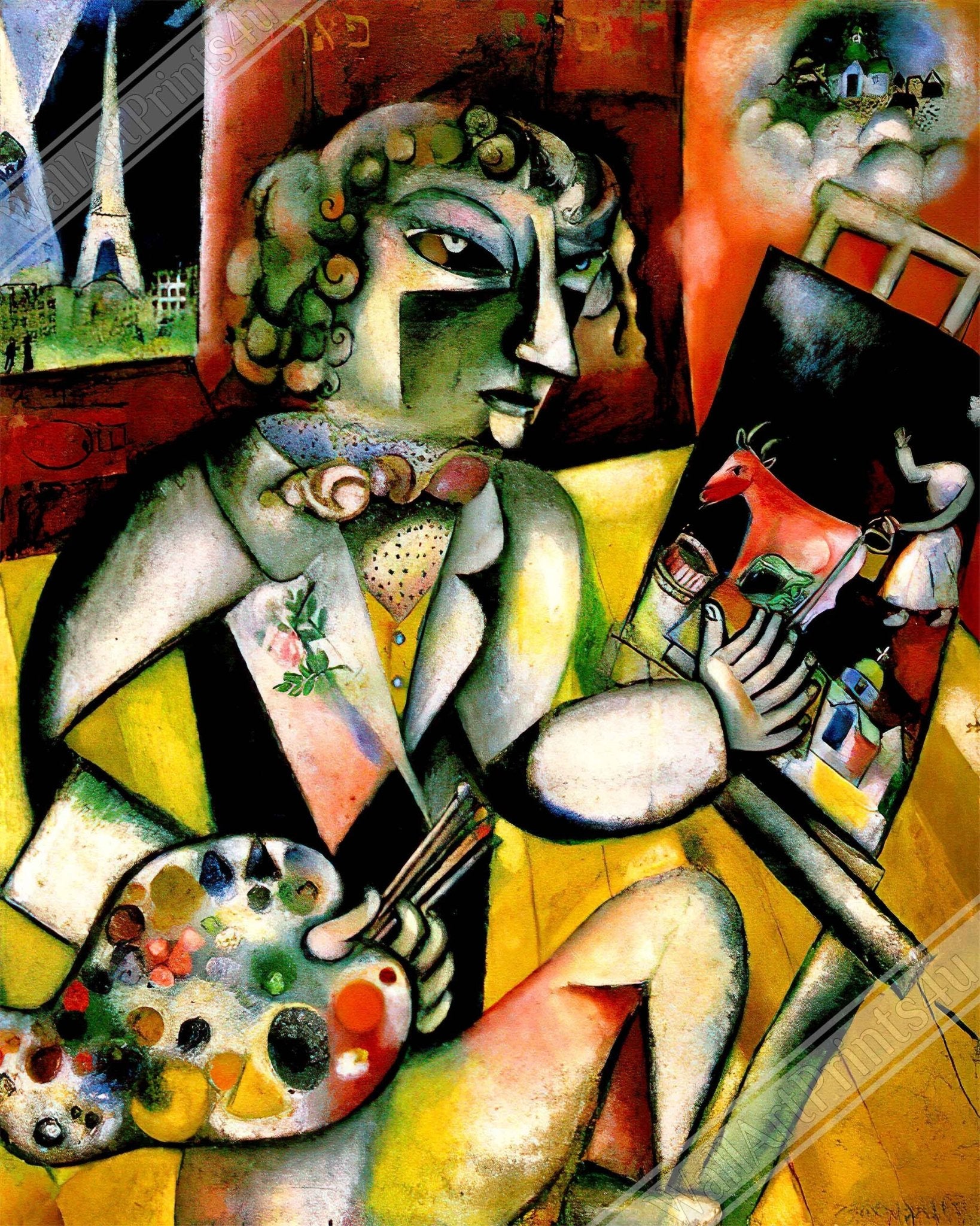 Chagall Print, Marc Chagall Self Portrait With Seven Fingers - Chagall Self Portrait Poster Print - WallArtPrints4U