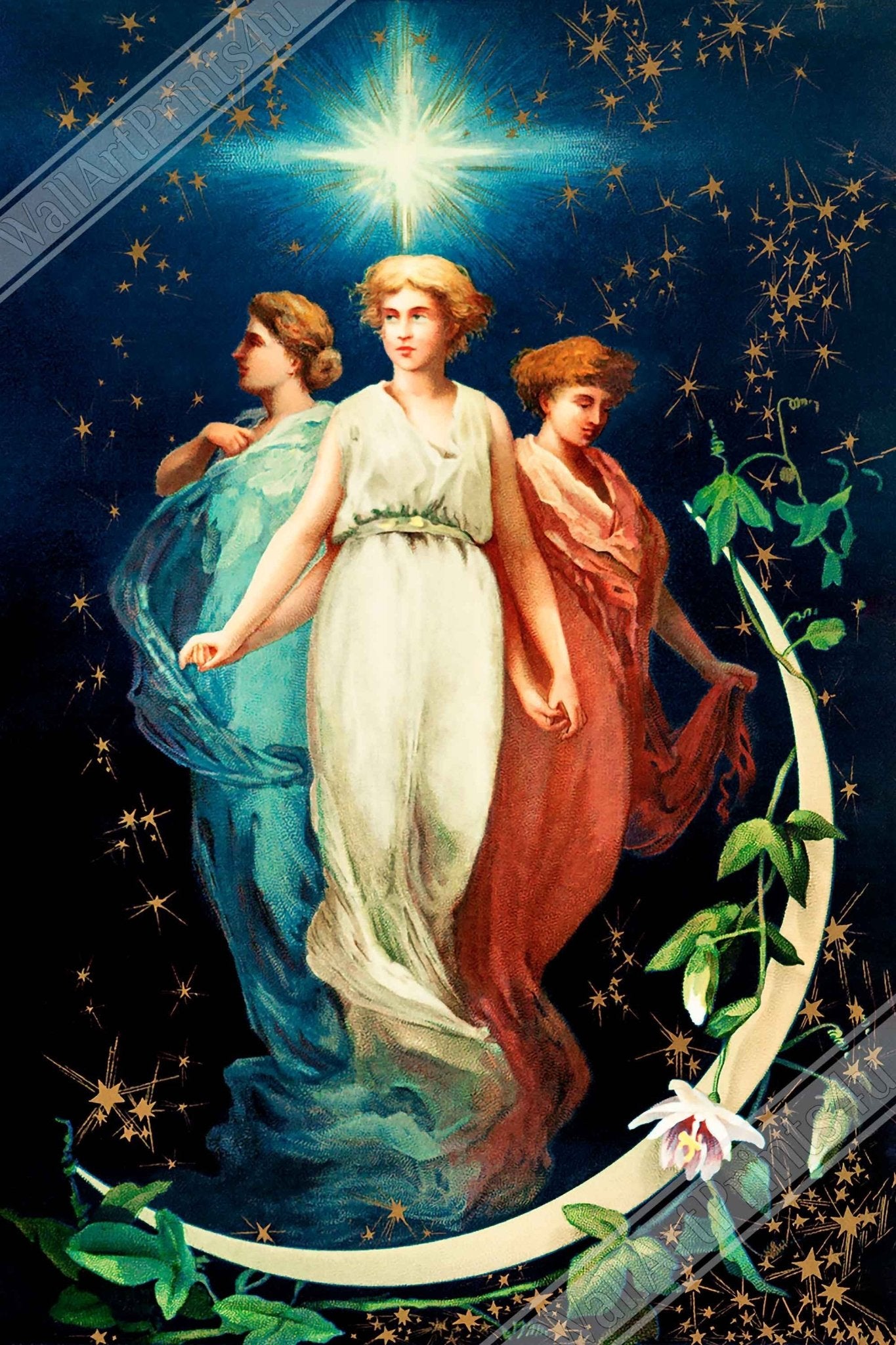 Christmas Poster Print Angels, Stars Moon Decorative Xmas Vintage Poster - WallArtPrints4U