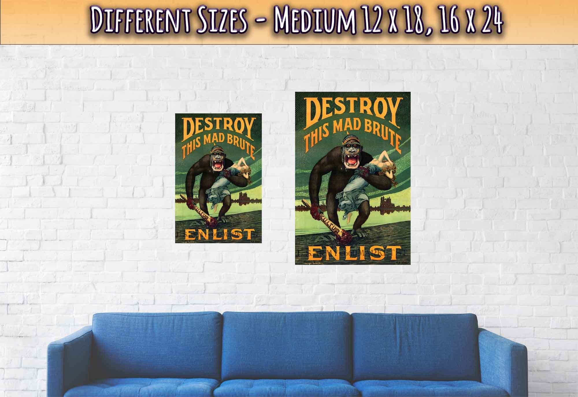 Destroy Mad Brute Poster, World War 1 Propaganda Poster Print, Vintage Poster 1917 - WallArtPrints4U