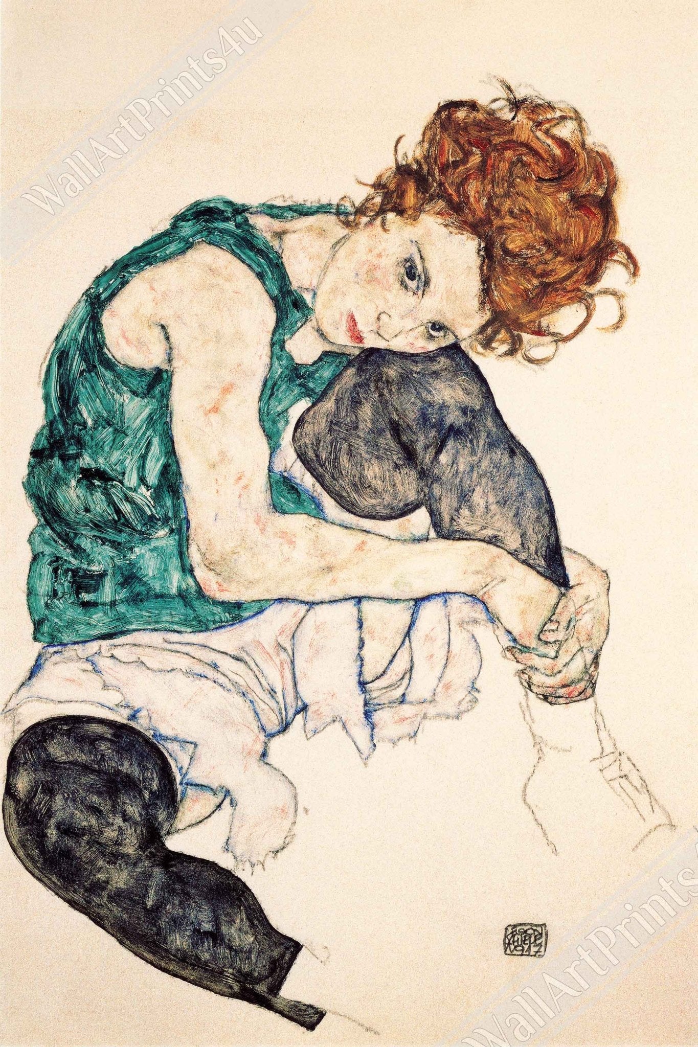 Egon Schiele Framed Print, Seated Woman With Knees Up Vintage Print 1917 - WallArtPrints4U