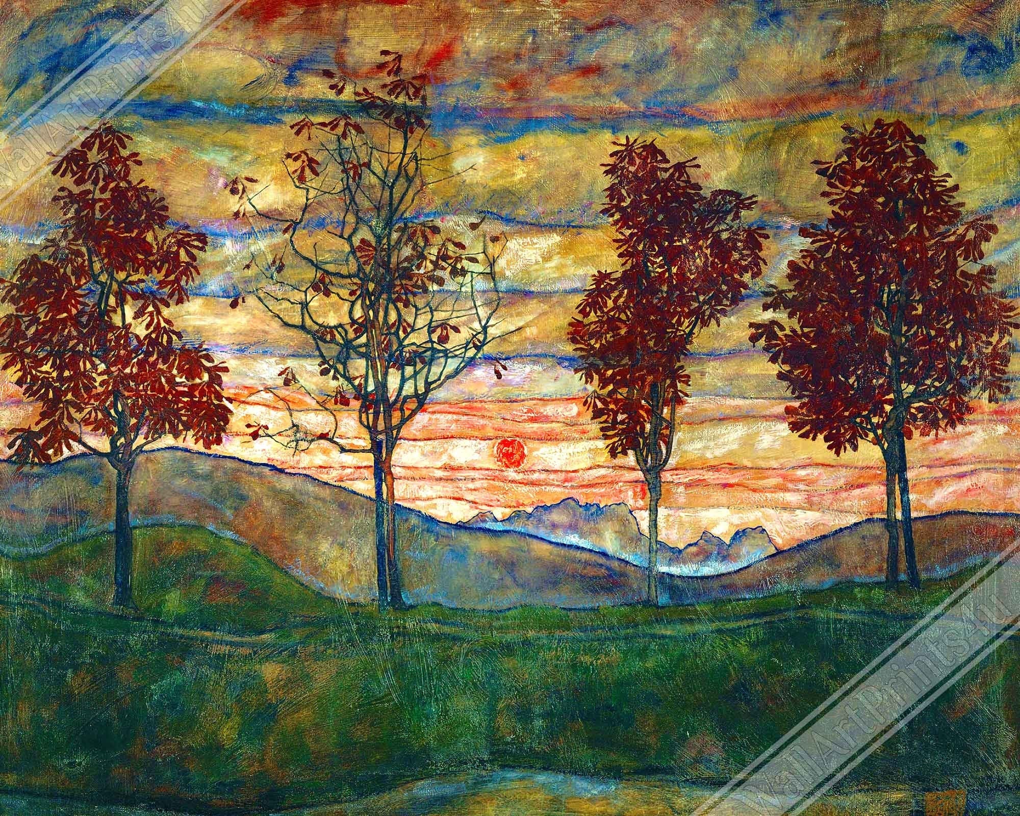 Egon Schiele Poster Print, Landscape Print, Four Trees Vintage Print 1917 - WallArtPrints4U