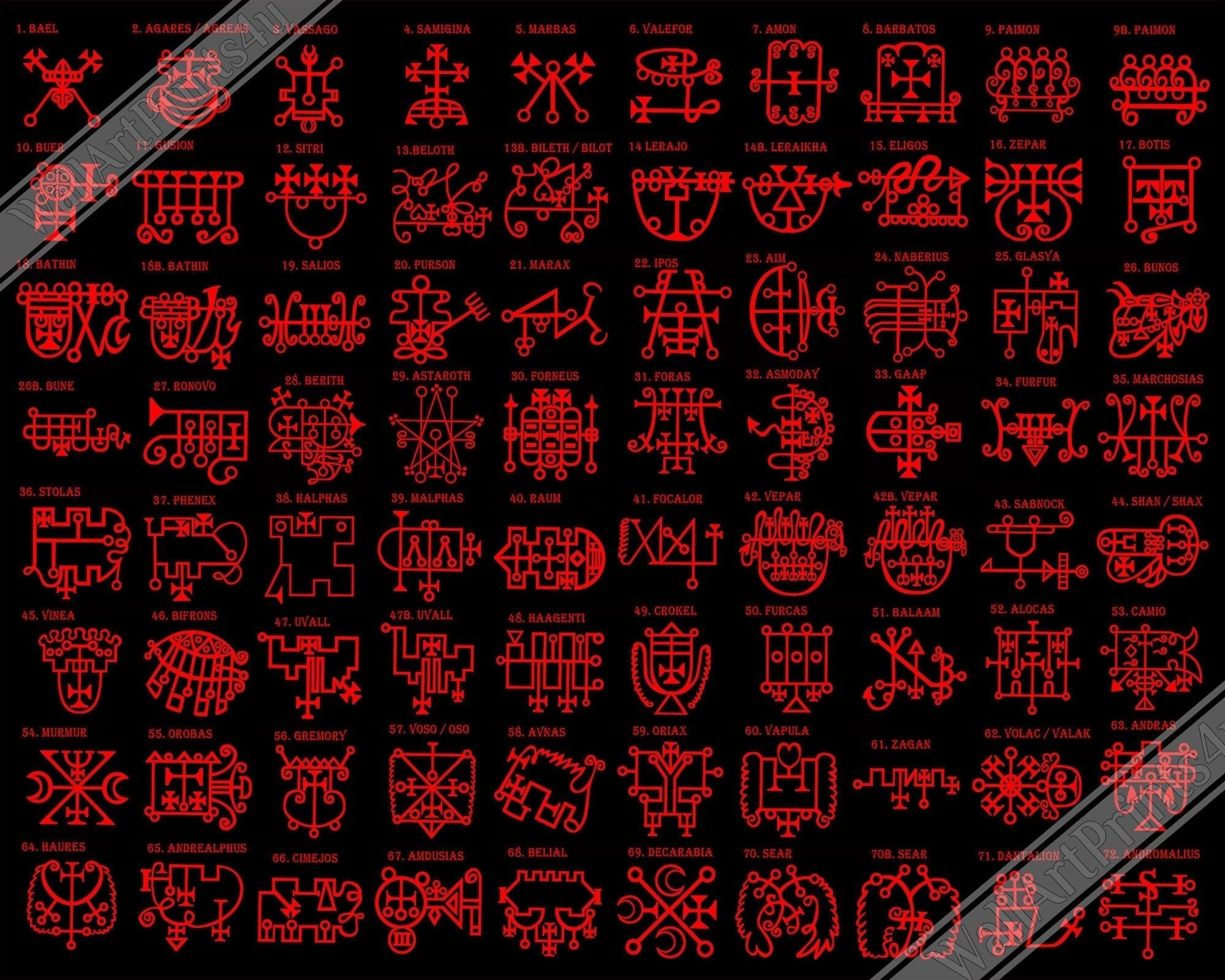 Goetia Sigils Framed, Red on Black, Goetia Demons Framed - Goetia Symbols Framed Print - For Conjuration Of Demons - WallArtPrints4U