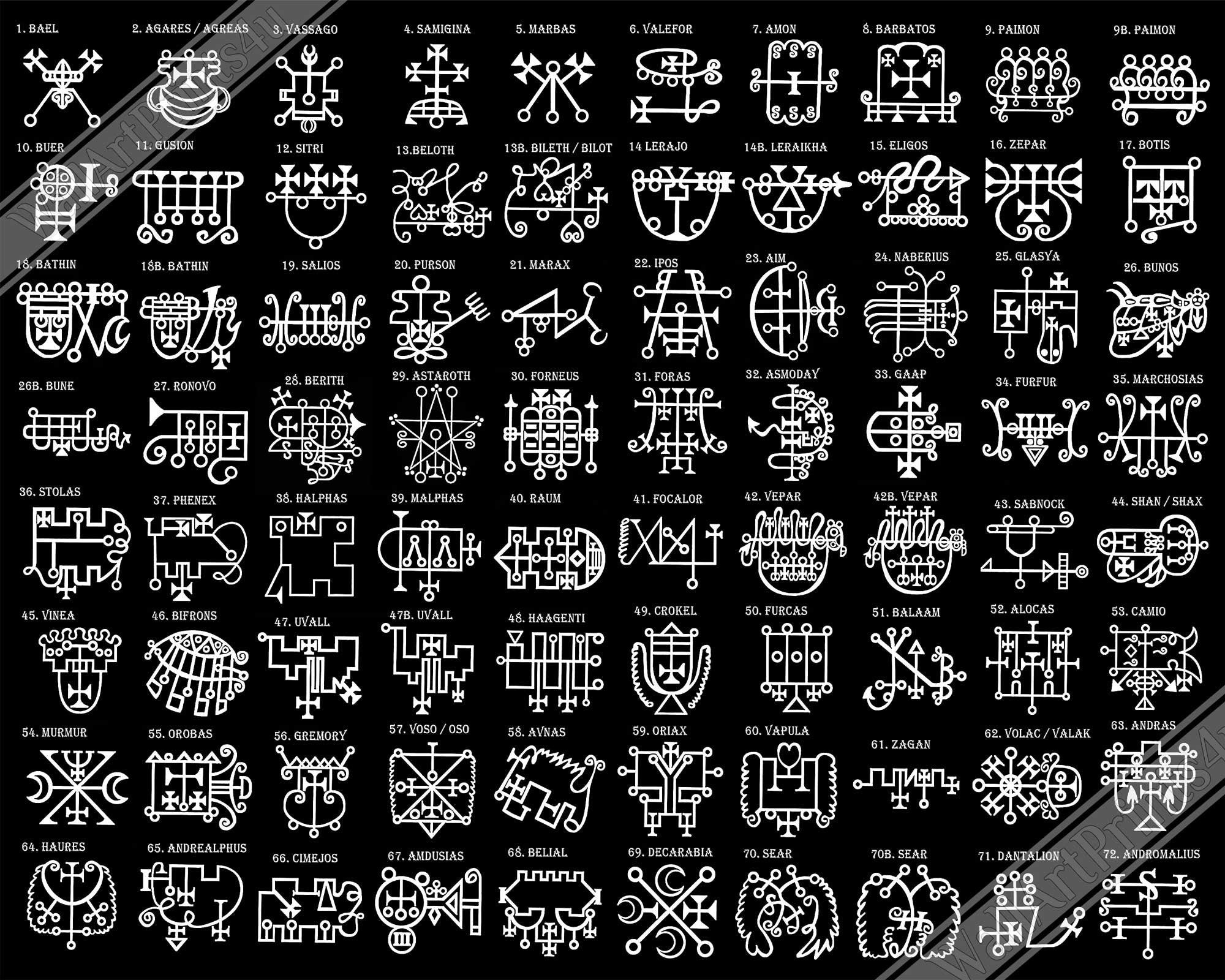 Goetia Sigils Poster, White on Black, Goetia Demons Poster - Goetia Symbols For Conjuration Of Demons - WallArtPrints4U