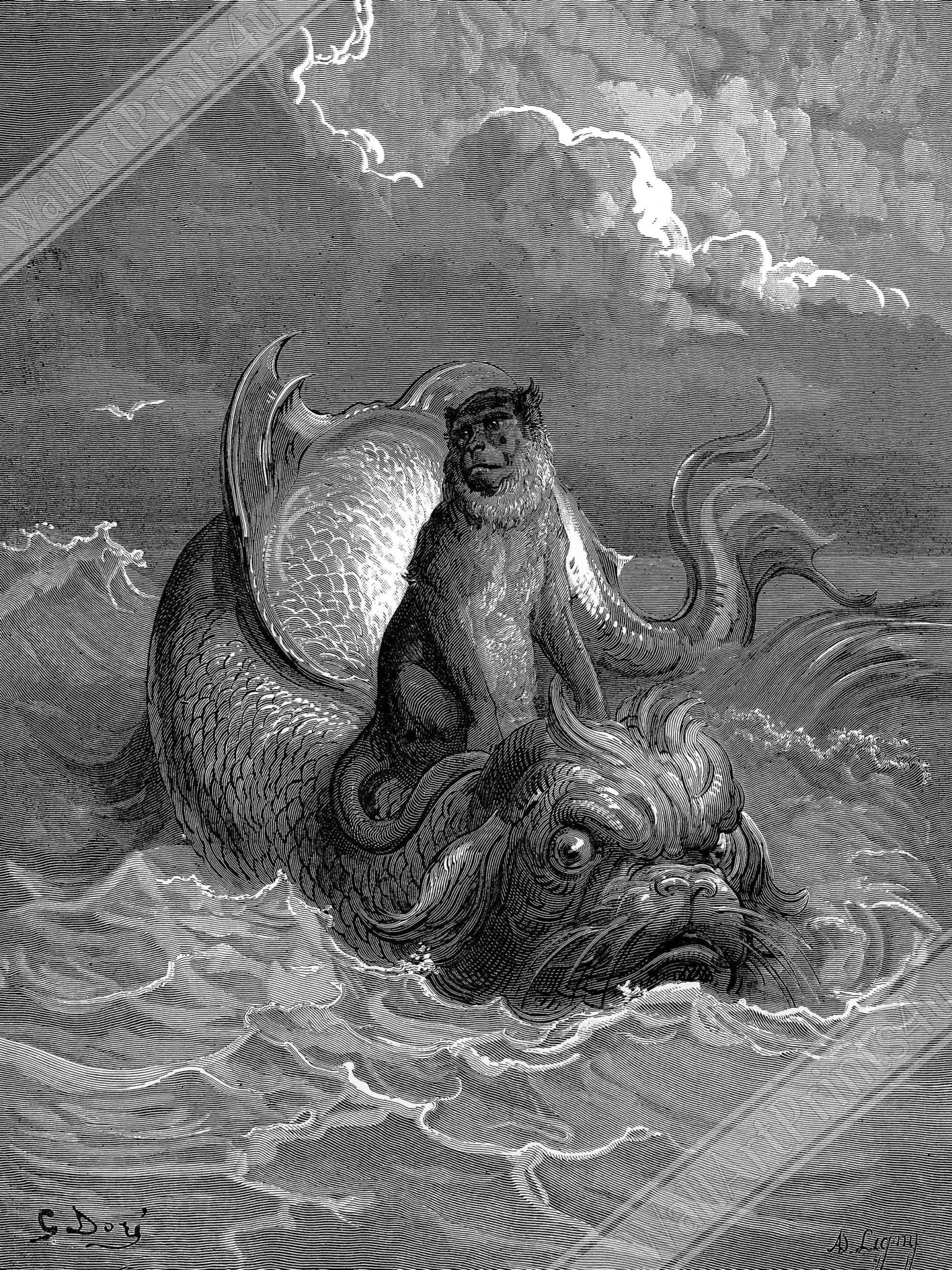 Gustave Dore Canvas, Monkey And The Dolphin, From Fontaines Fables 1885 - WallArtPrints4U