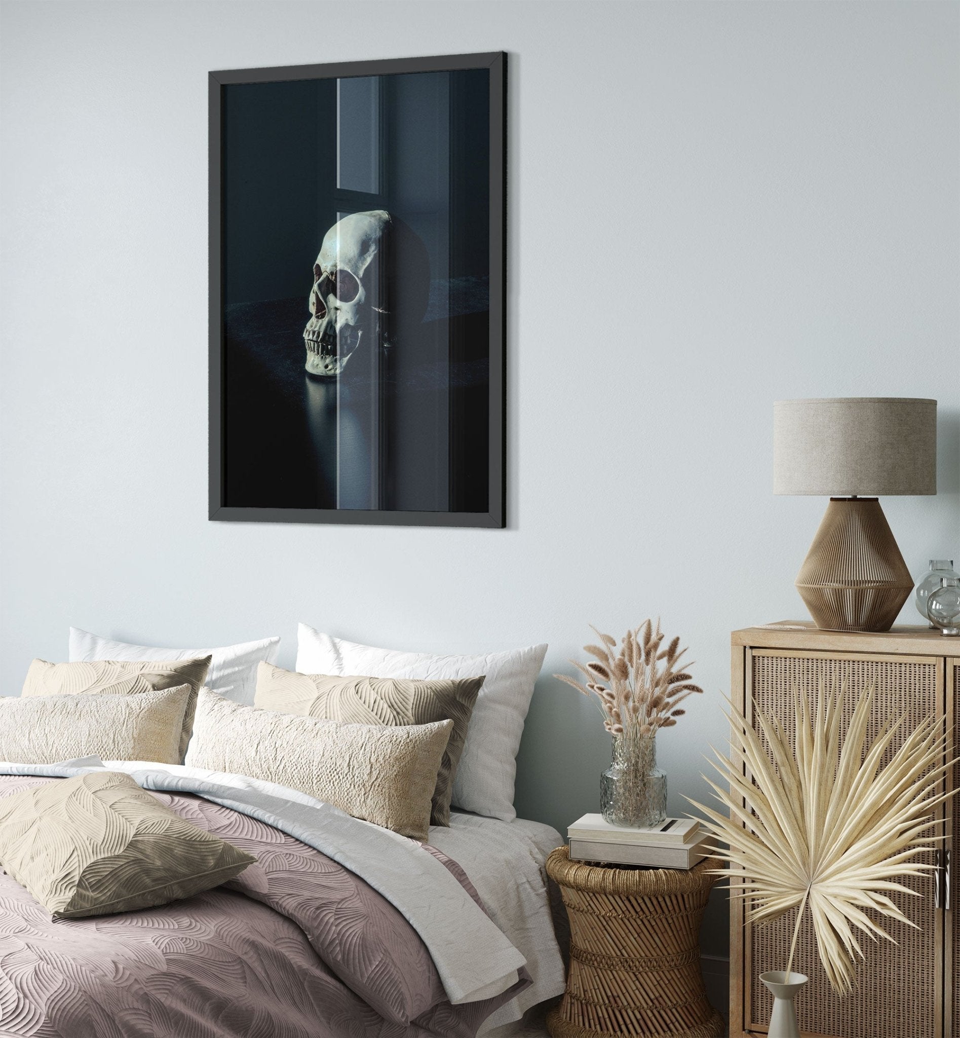 Human Skull Framed, White Skull On Black Surface Framed Print UK, EU, USA, AUS Domestic Shipping - WallArtPrints4U