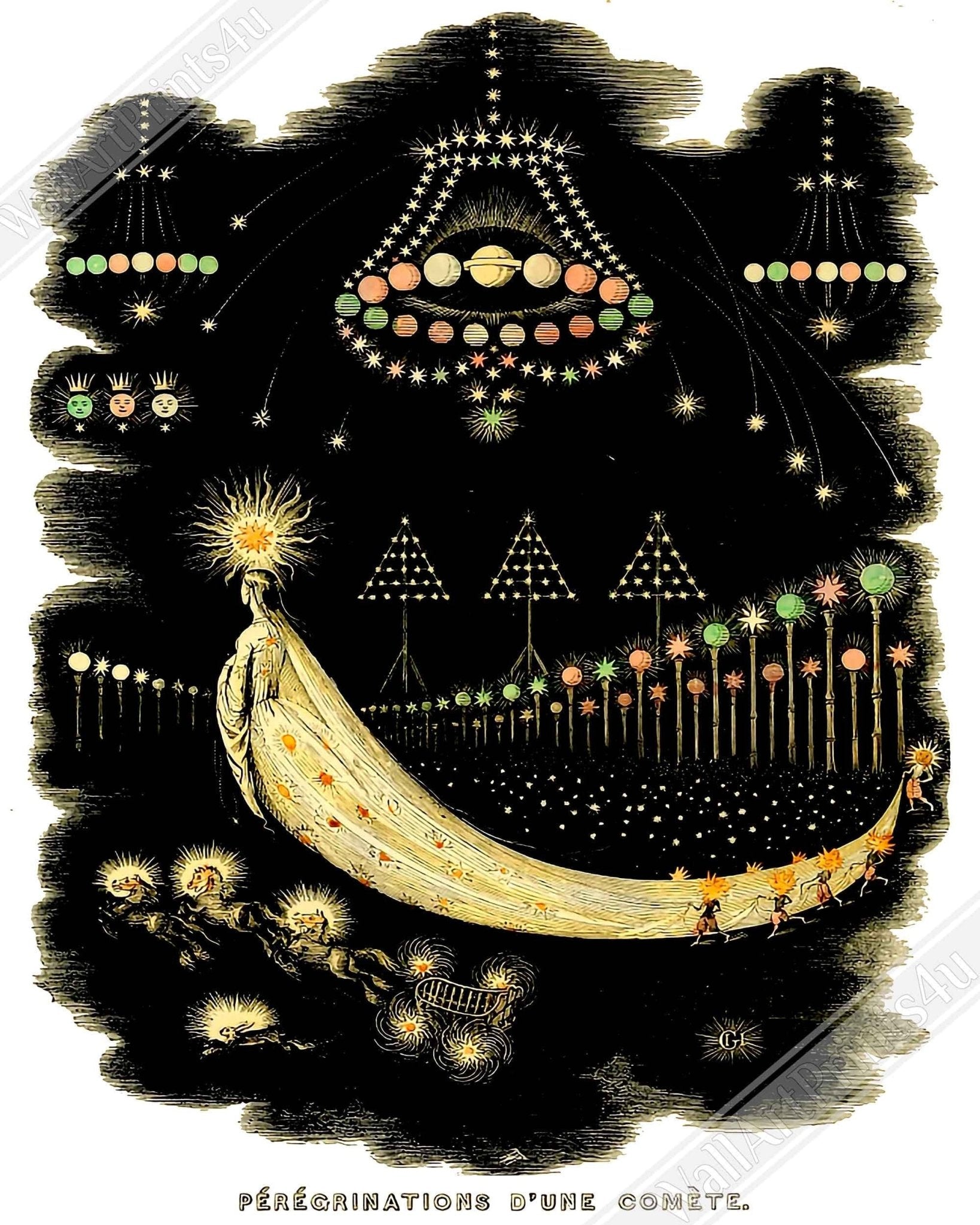 Jj Grandville Framed Print - Vintage Comet Framed Print - Jean Grandville Frameds Peregrinations UK, EU USA Domestic Shipping - WallArtPrints4U