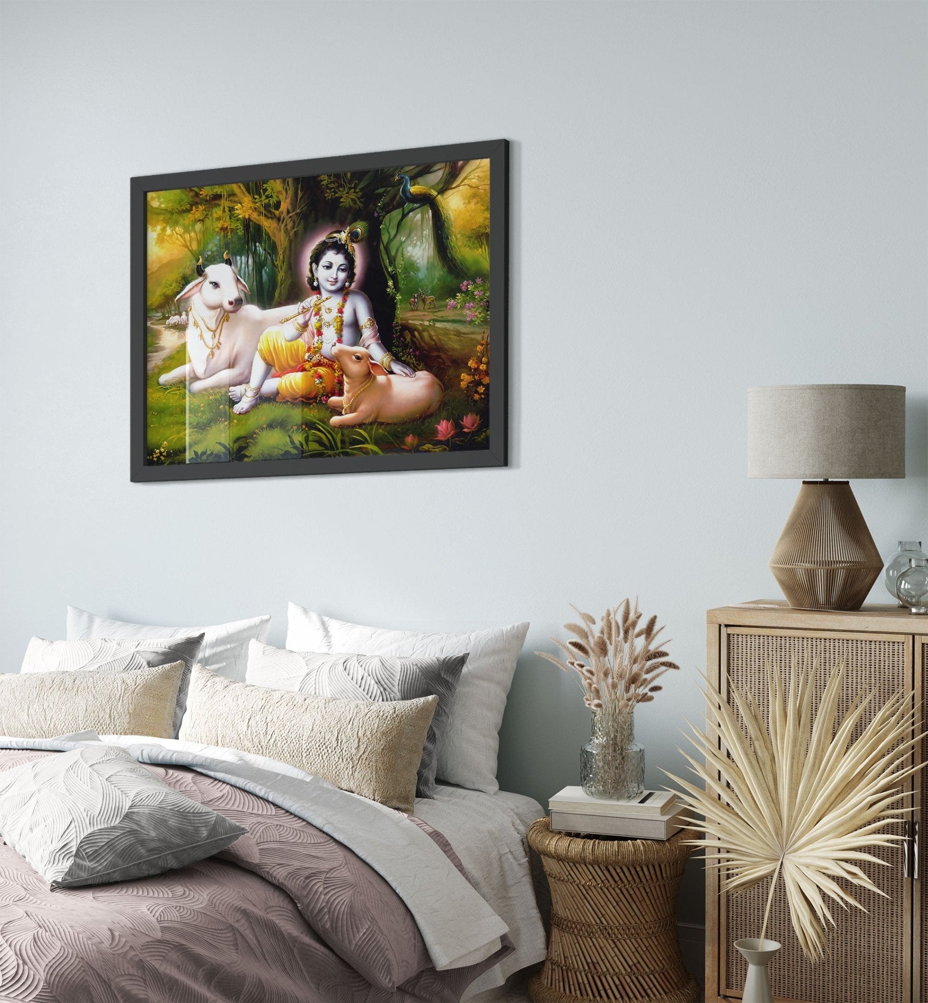 Krishna Framed, Hindu God Of Divine Love - Krishna Framed Print - Beautiful Colors Use For Krishna Mantra Meditation - WallArtPrints4U