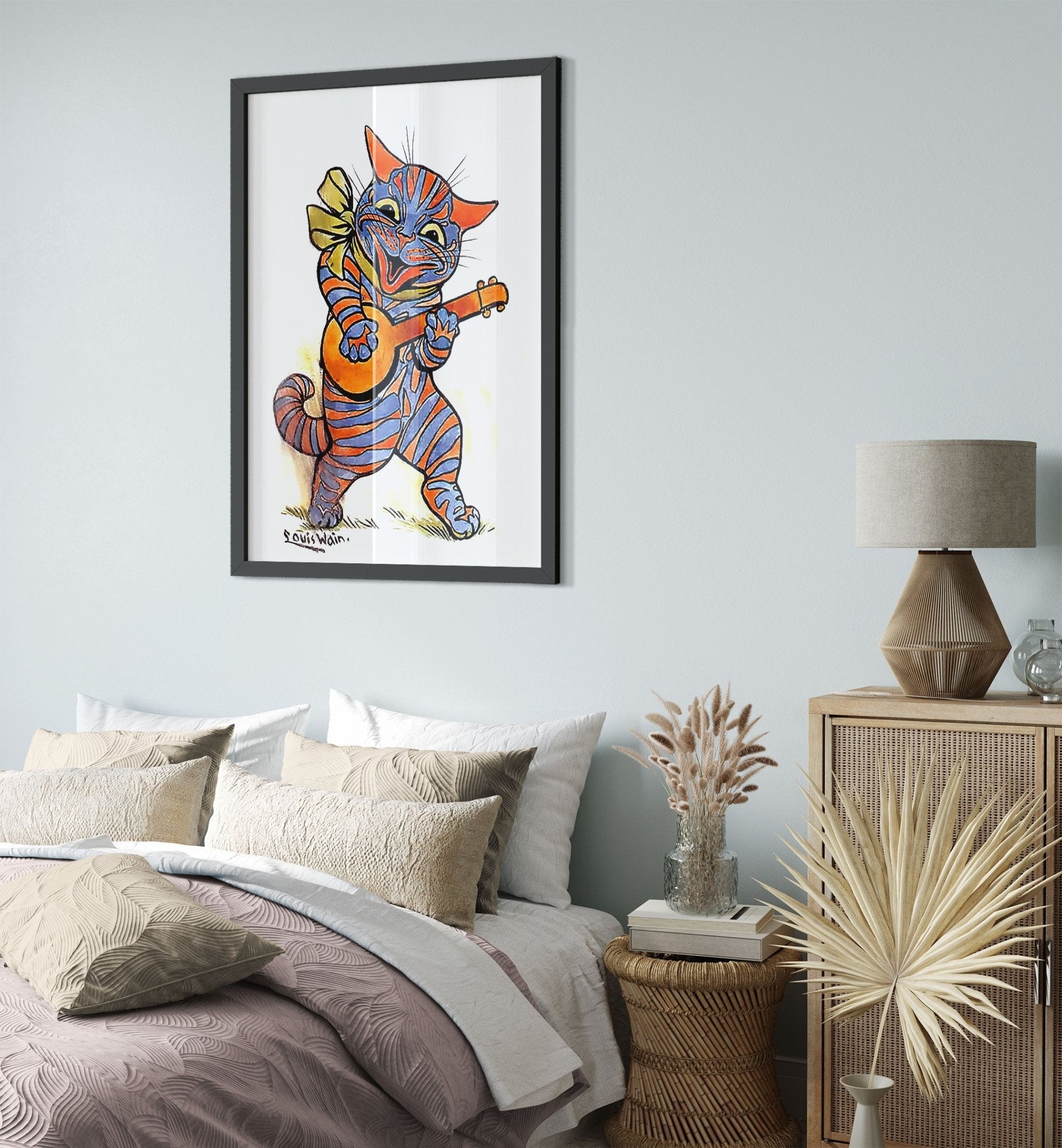 Louis Wain Framed - Cat With Lute - Louis Wain Cat Framed Print - WallArtPrints4U