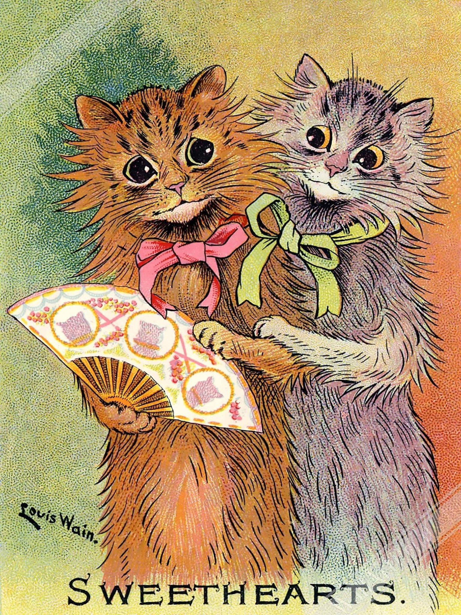 Louis Wain Framed - Sweethearts Cats - Louis Wain Cat Framed Print, Cats With Fan UK, EU USA Domestic Shipping - WallArtPrints4U