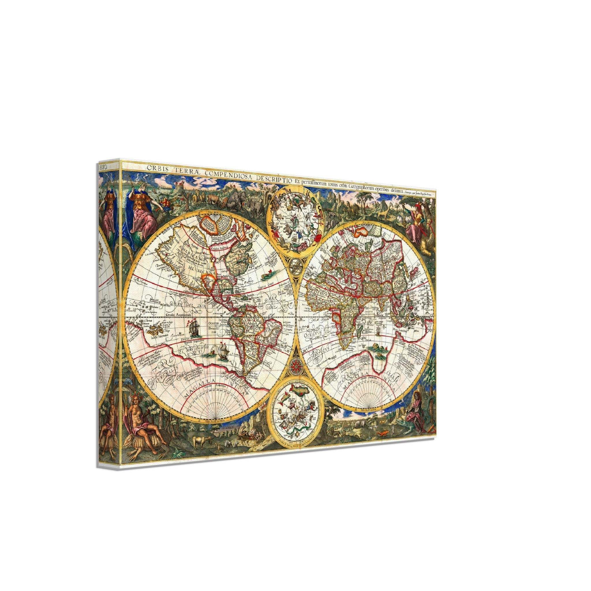 Old World Map Canvas, Vintage World Map Canvas Print From 1596, Orbis Terrae Compendiosa, Johannes Baptista Vrients - WallArtPrints4U