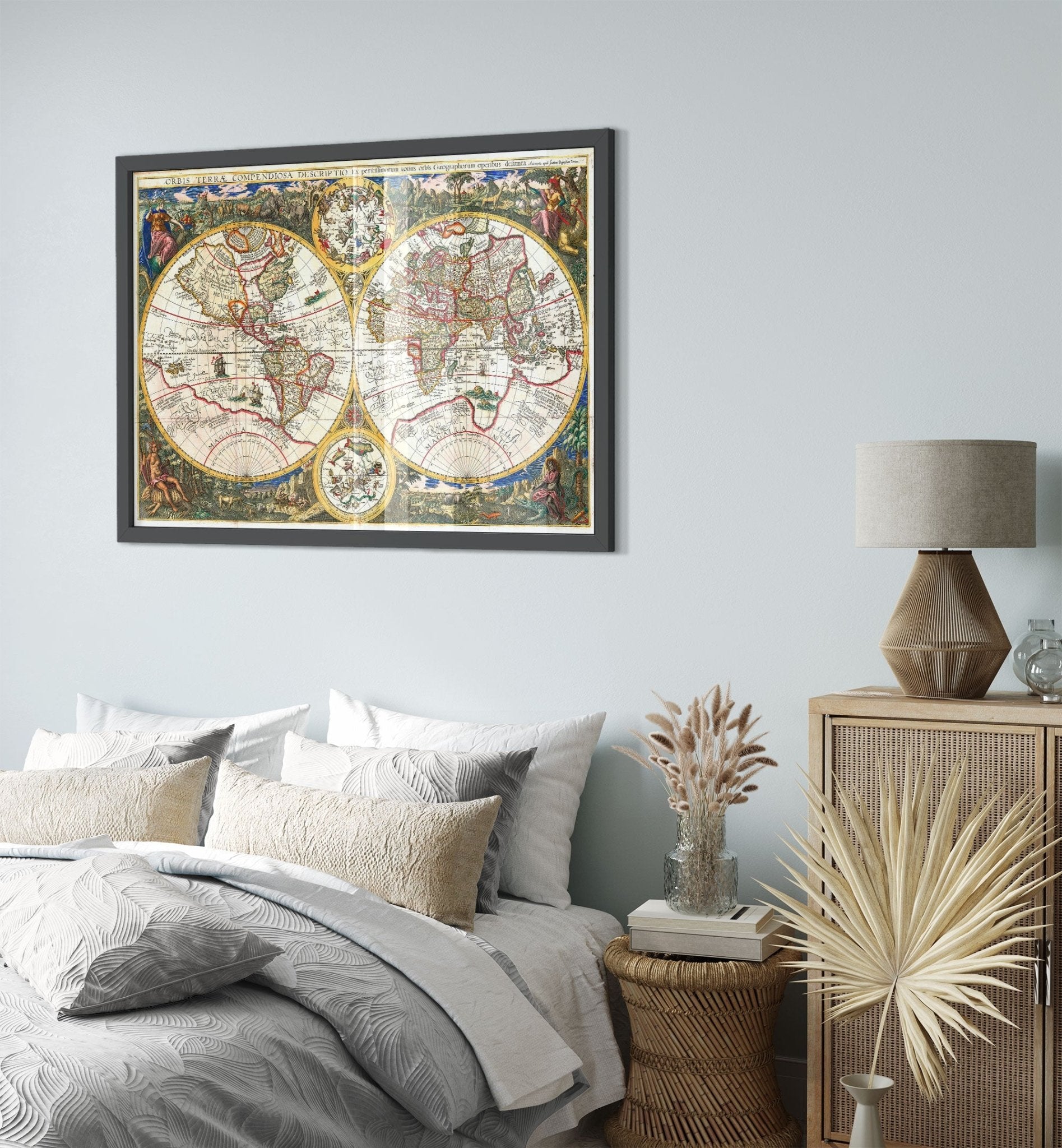 Old World Map Framed, Vintage World Map Framed Print From 1596, Orbis Terrae Compendiosa, Johannes Baptista Vrients - WallArtPrints4U