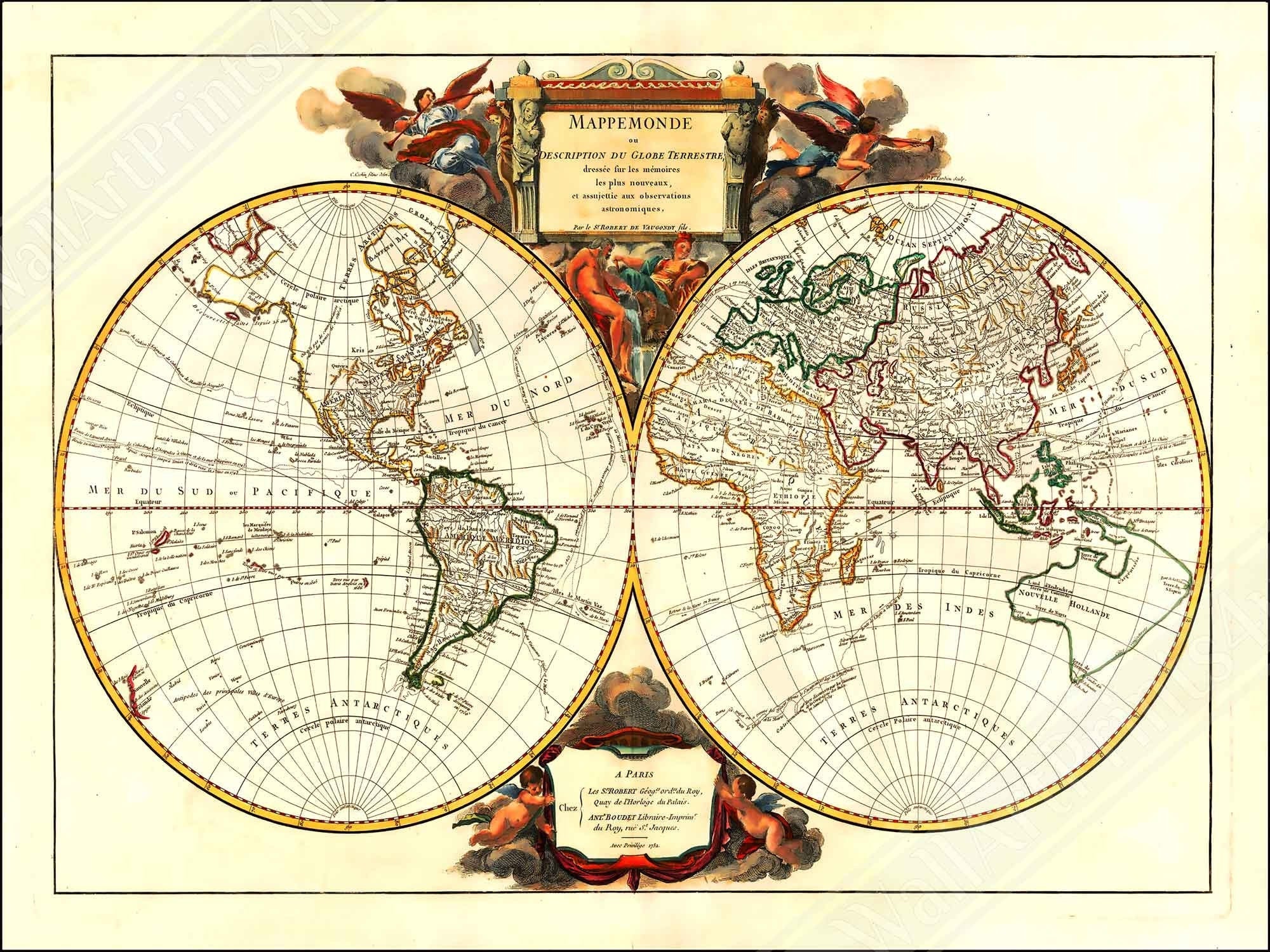 Old World Map Poster, Vintage World Map Print From 1752 - Mappemonde Du Globe - Gilles Robert De Vaugondy - WallArtPrints4U