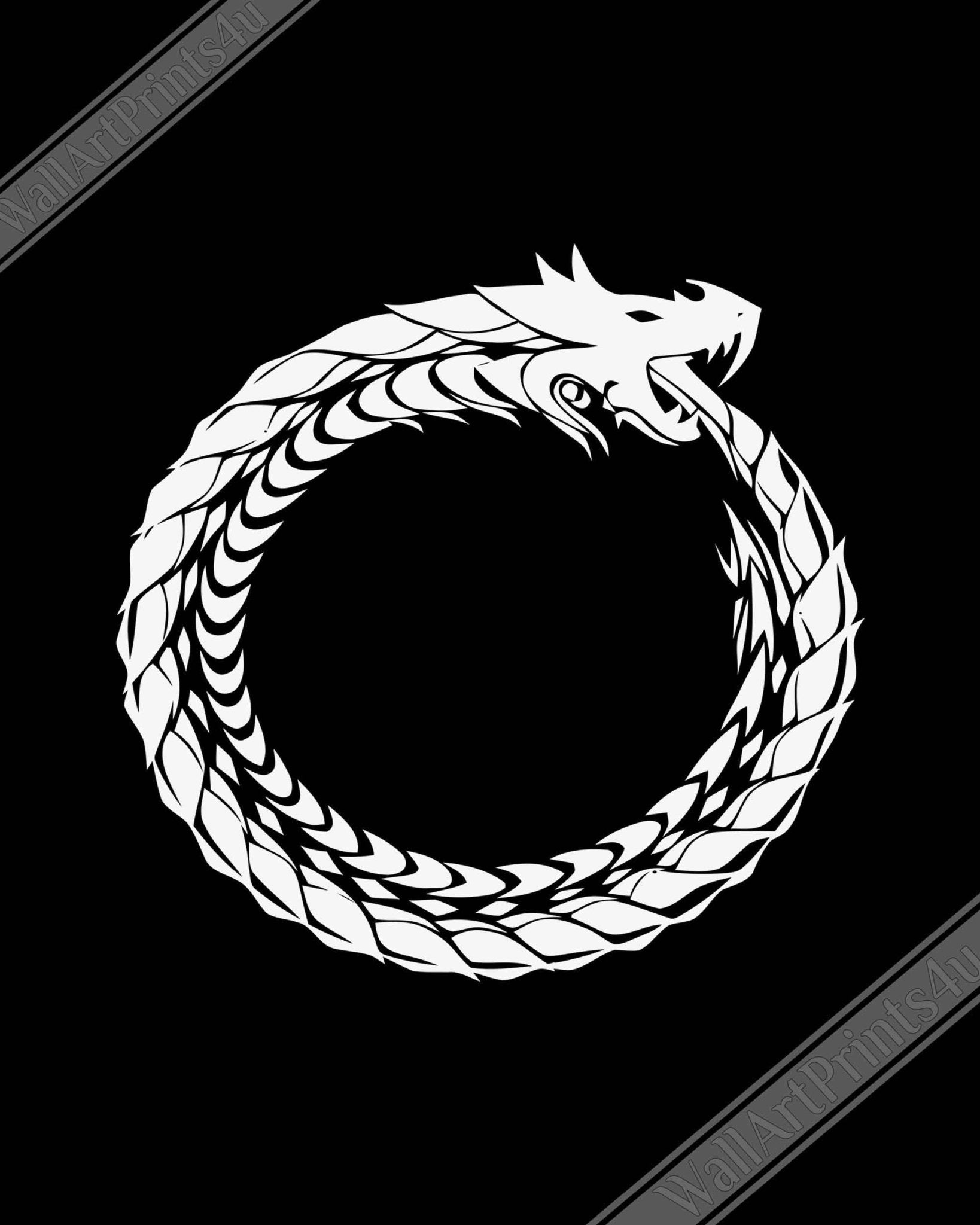 Ouroboros Poster - World Snake Poster White - Uroboros Print White On Black - WallArtPrints4U