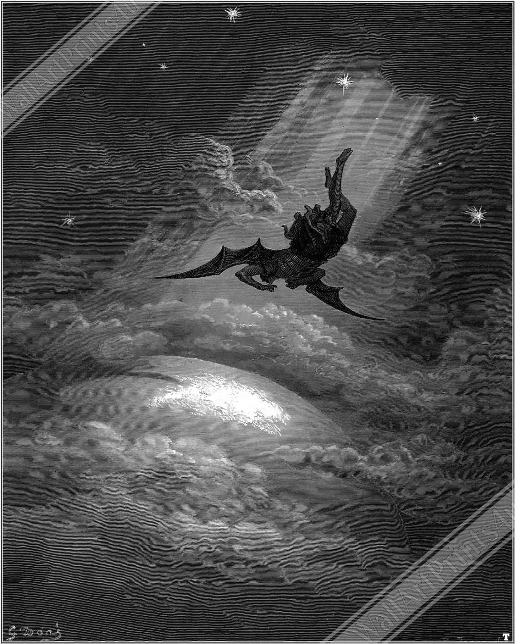 Paradise Lost Framed, Lucifer Cast From Heaven, Gustav Dore Framed - Paradise Lost Illustration Framed Print - WallArtPrints4U