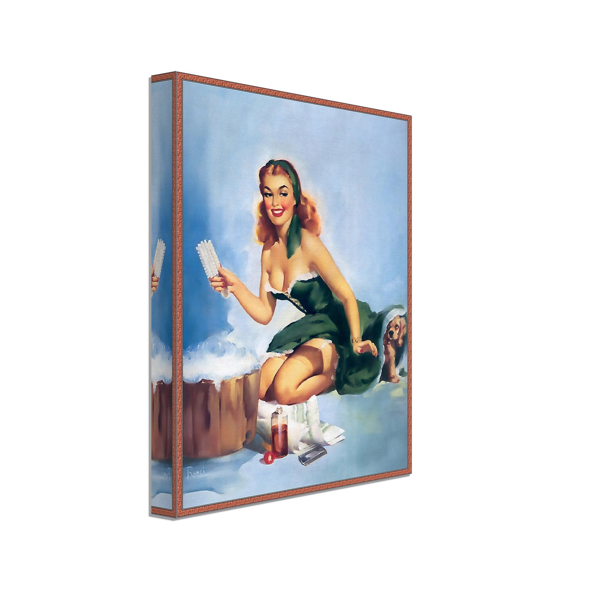 Pin Up Canvas, Pin Up Girl Green Dress Puppy, Edward Runci - Vintage Art - Retro Pin Up Girl Canvas Print - Late 1940'S - 1950'S - WallArtPrints4U