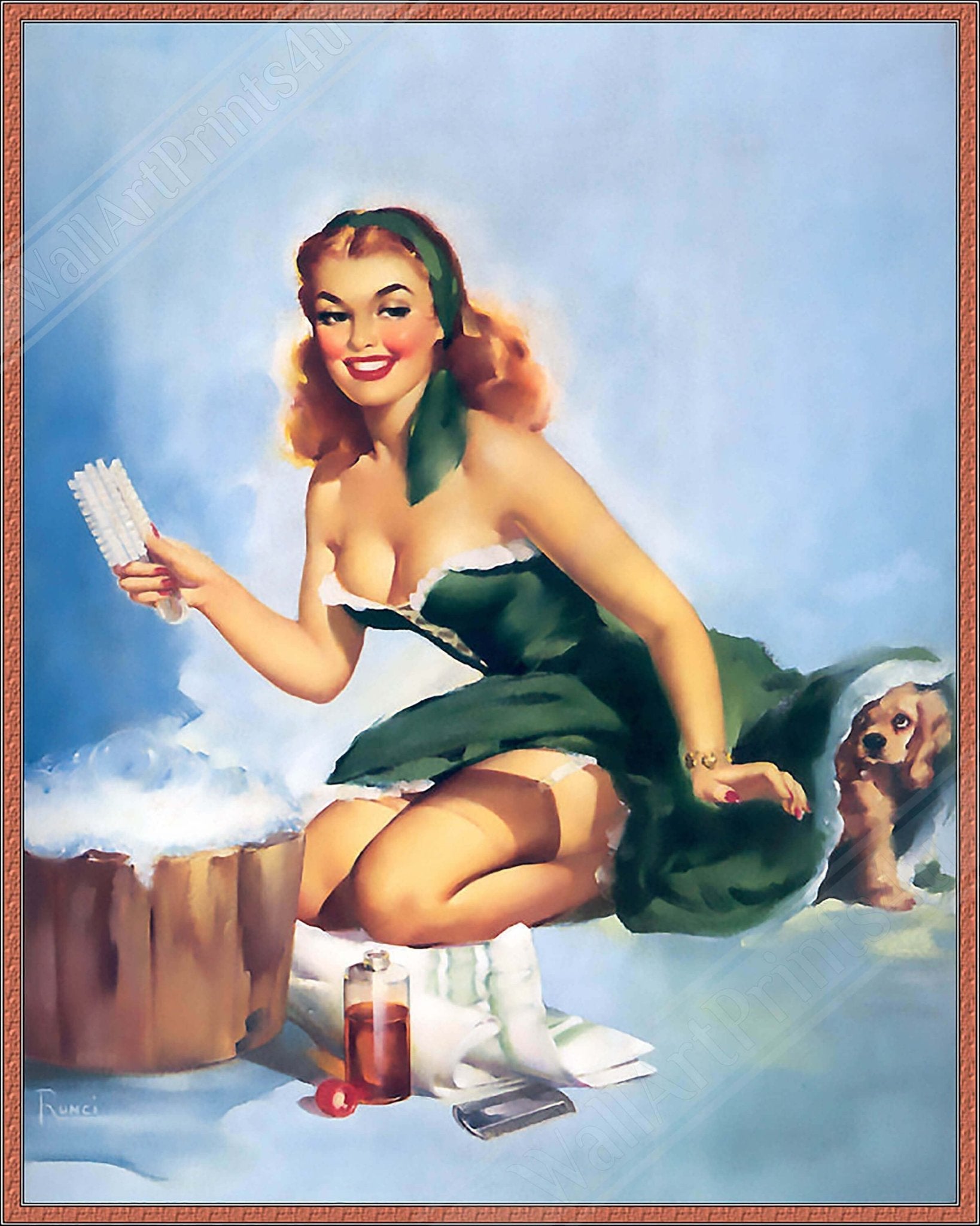 Pin Up Canvas, Pin Up Girl Green Dress Puppy, Edward Runci - Vintage Art - Retro Pin Up Girl Canvas Print - Late 1940'S - 1950'S - WallArtPrints4U