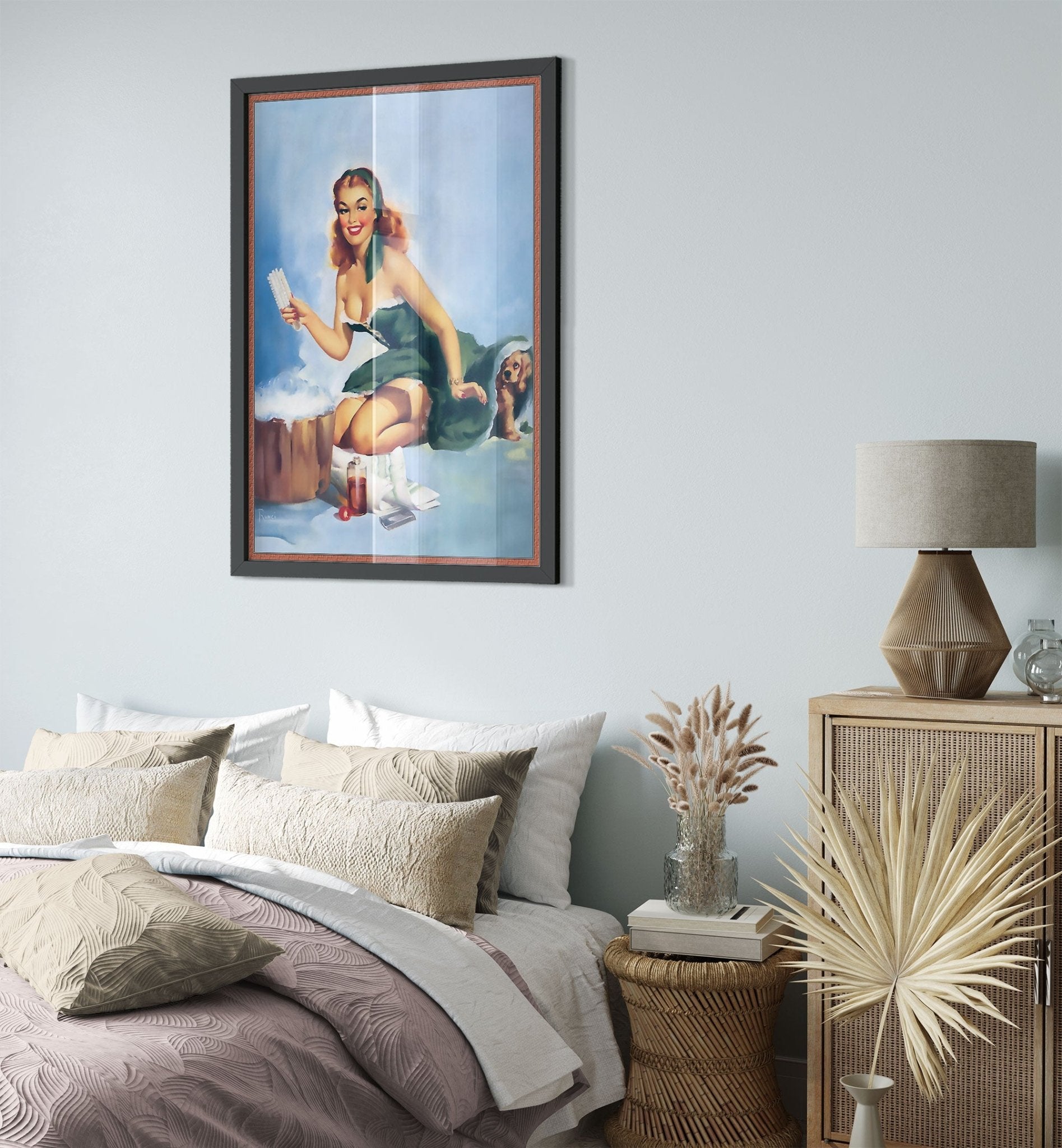 Pin Up Framed, Pin Up Girl Green Dress Puppy, Edward Runci - Vintage Art - Retro Pin Up Girl Framed Print - Late 1940'S - 1950'S - WallArtPrints4U