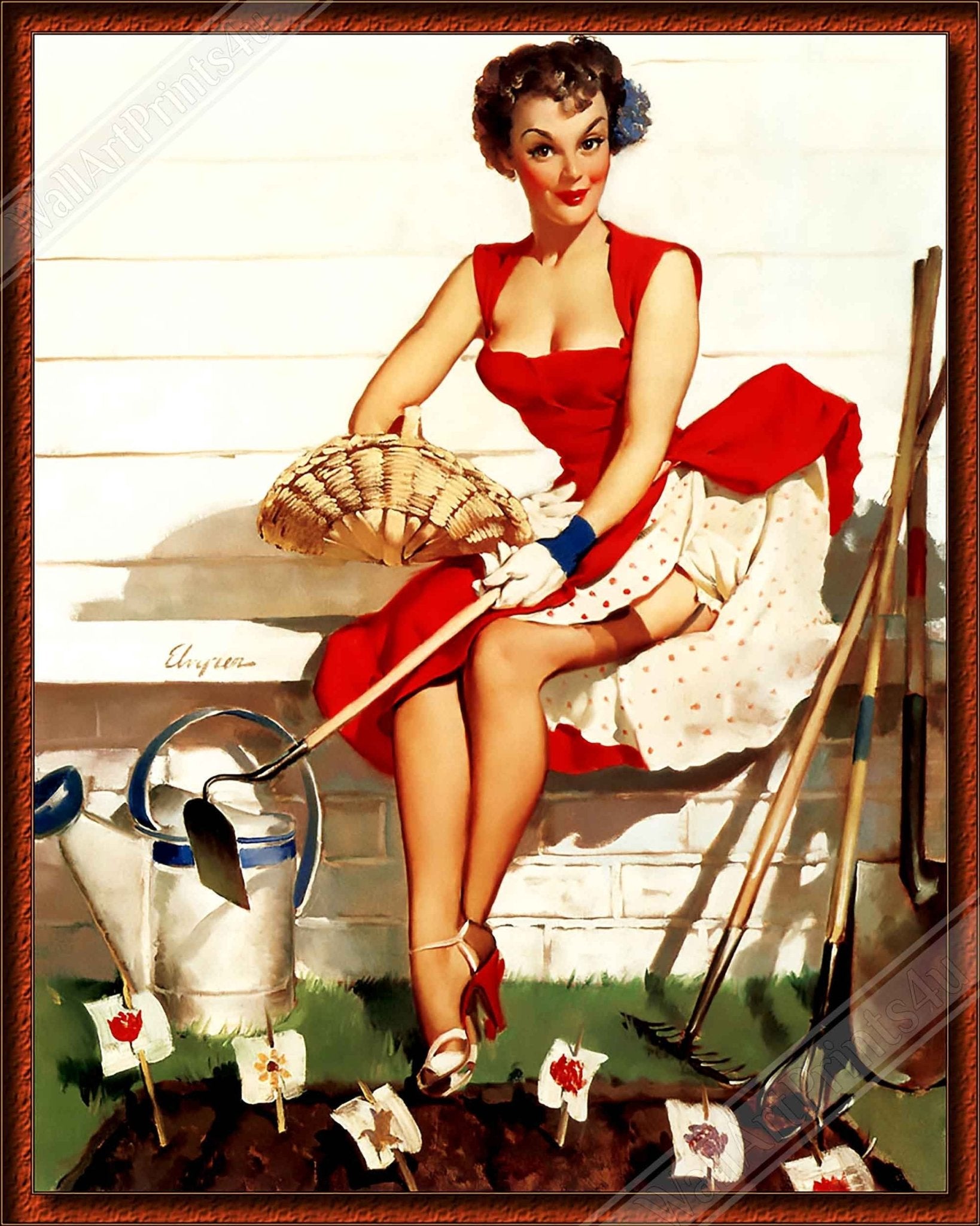 Pin Up Girl Canvas, Gil Elvgren, Gardening With Hoe - Vintage Art - Retro Pin Up Girl Canvas Print - Late 1940'S - 1950'S - WallArtPrints4U