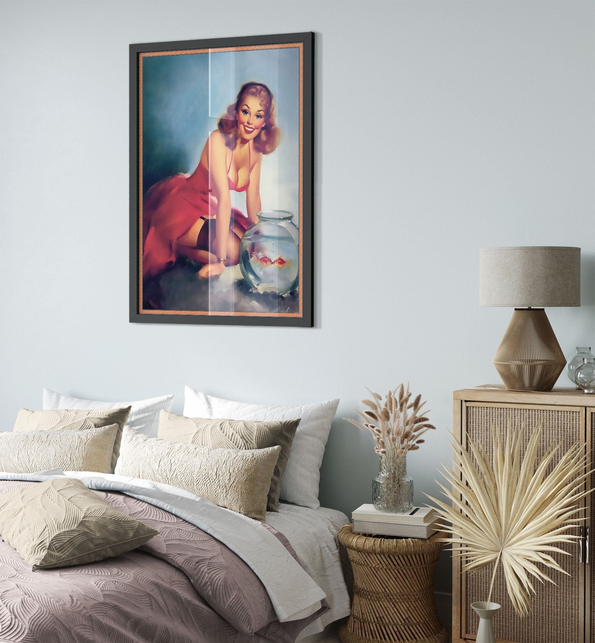 Pin Up Girl Framed, Red Dress Goldfish, Edward Runci - Vintage Art - Retro Pin Up Girl Framed Print - Late 1940'S - 1950'S - WallArtPrints4U