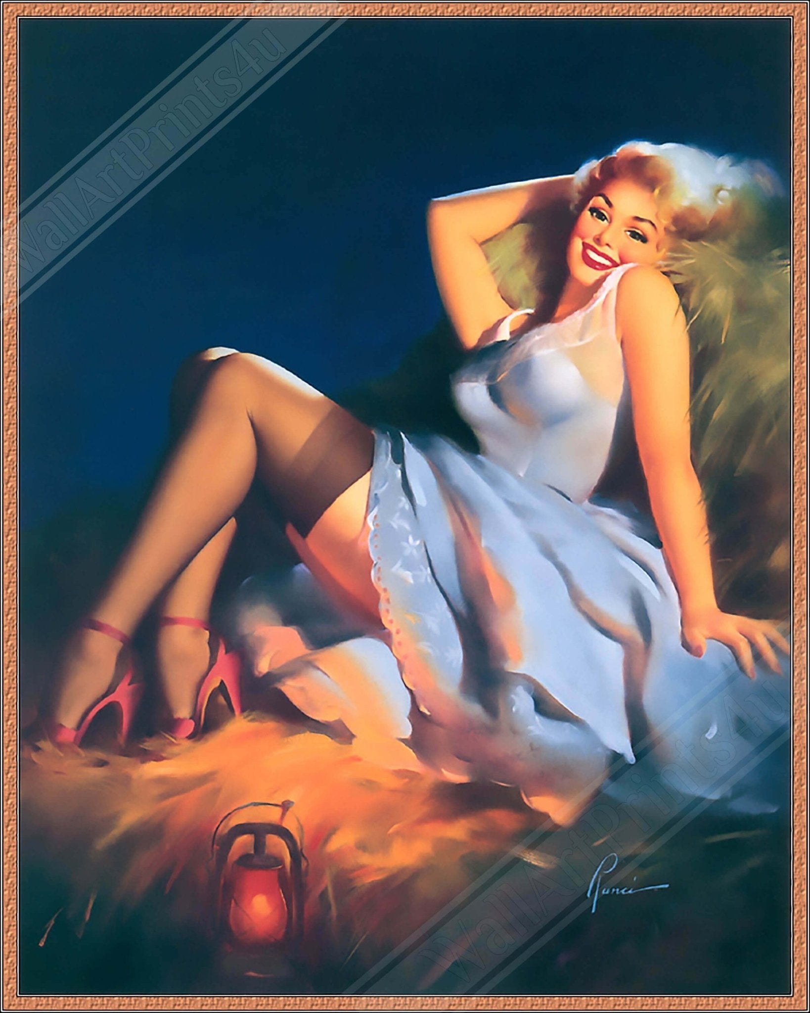 Pin Up Girl Framed, Red Stilettos Light Blue Dress - Edward Runci Vintage Art - Retro Pin Up Girl Framed Print - Late 1940'S - 1950'S - WallArtPrints4U