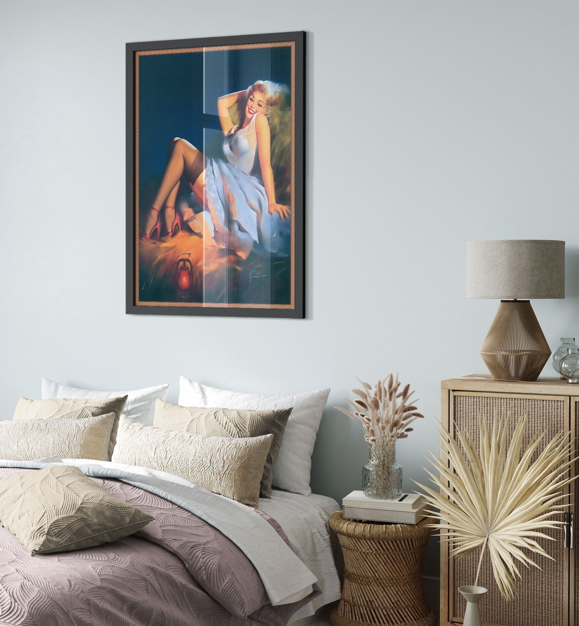 Pin Up Girl Framed, Red Stilettos Light Blue Dress - Edward Runci Vintage Art - Retro Pin Up Girl Framed Print - Late 1940'S - 1950'S - WallArtPrints4U
