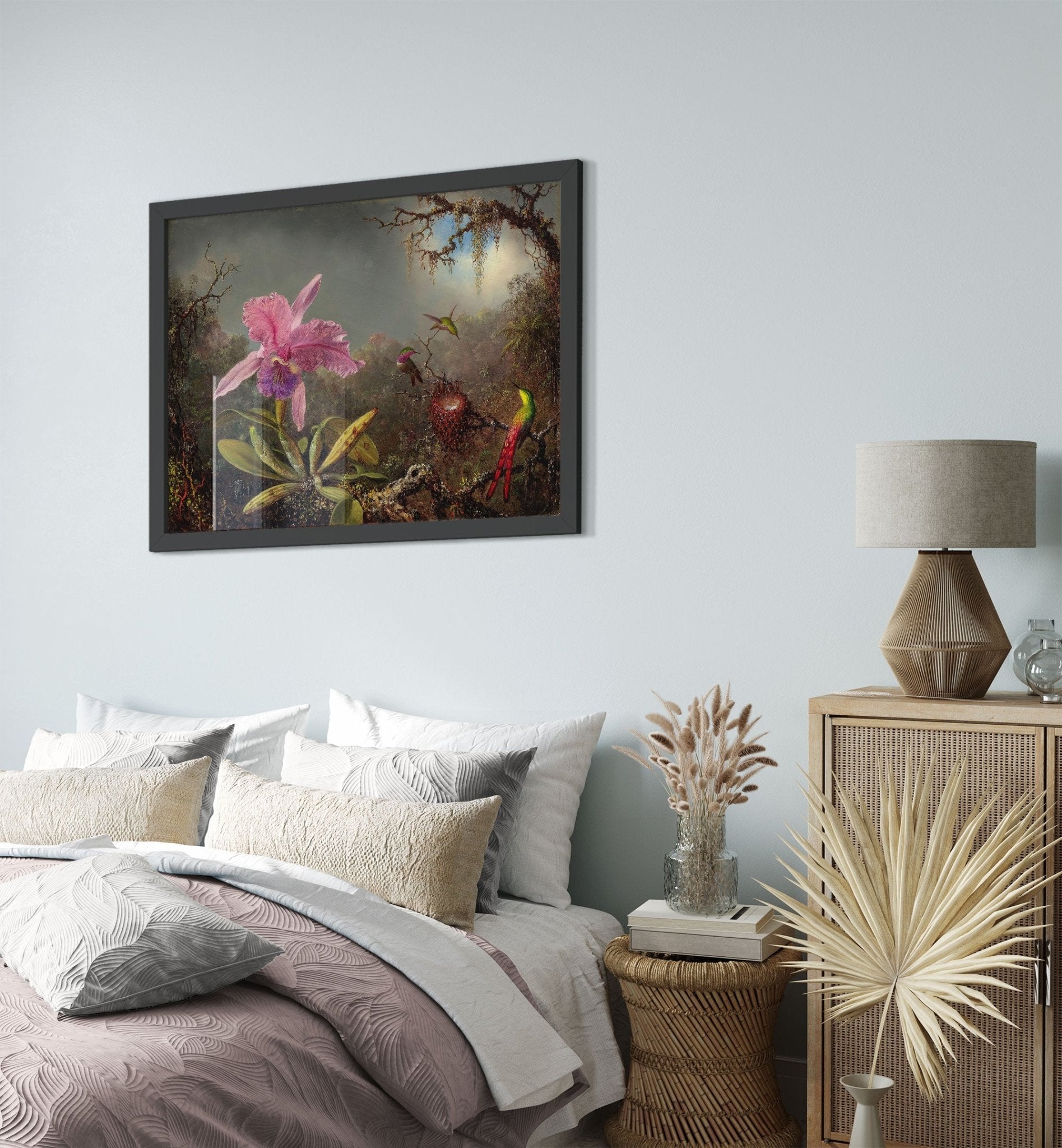 Pink Orchid Framed - Cattleya Orchid With Three Hummimgbirds - Vintage Orchid Art Framed Print - WallArtPrints4U