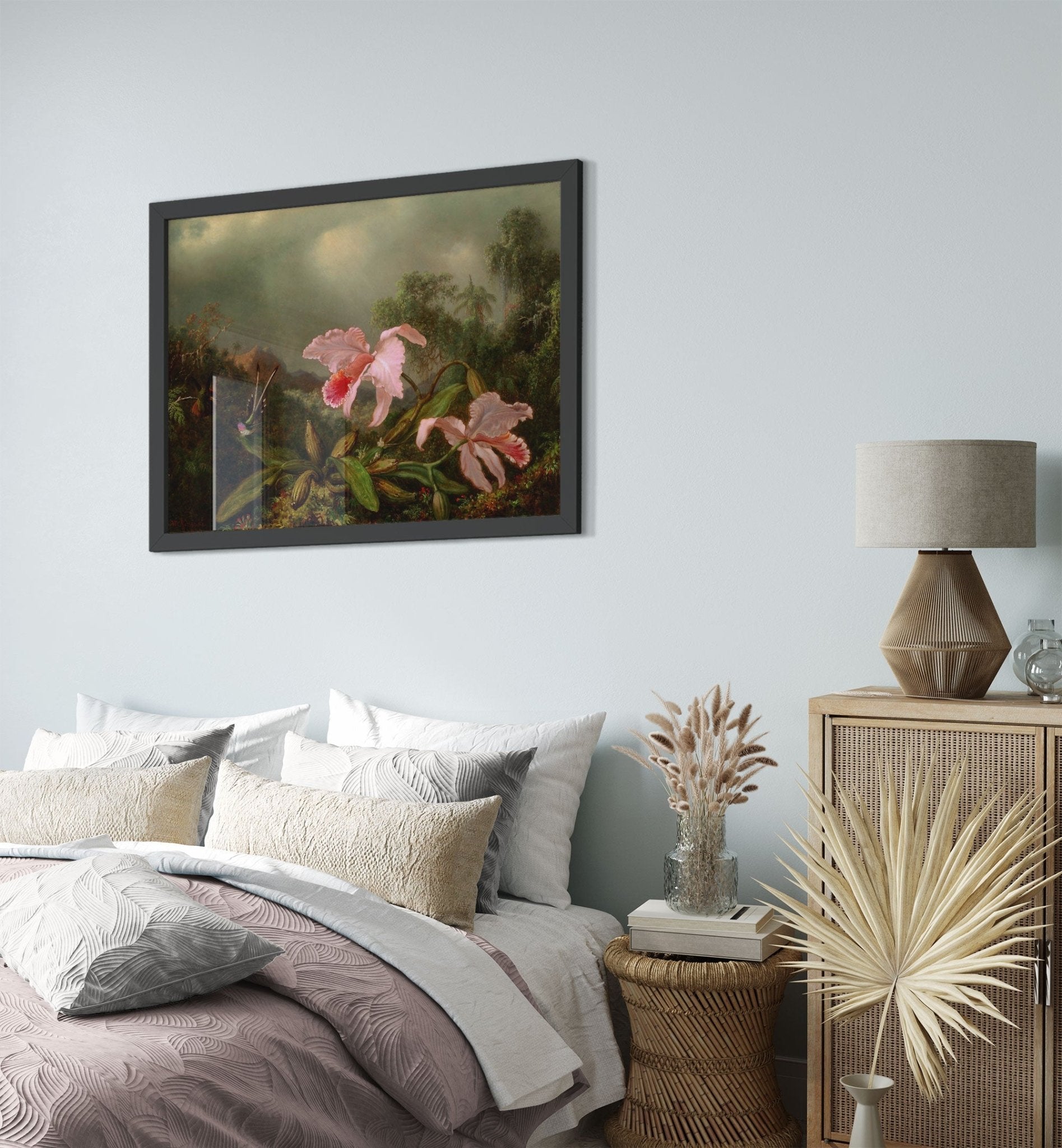 Pink Orchid Framed - Jungle Orchid With Hummimgbirds - Vintage Orchid Art Framed Print - WallArtPrints4U