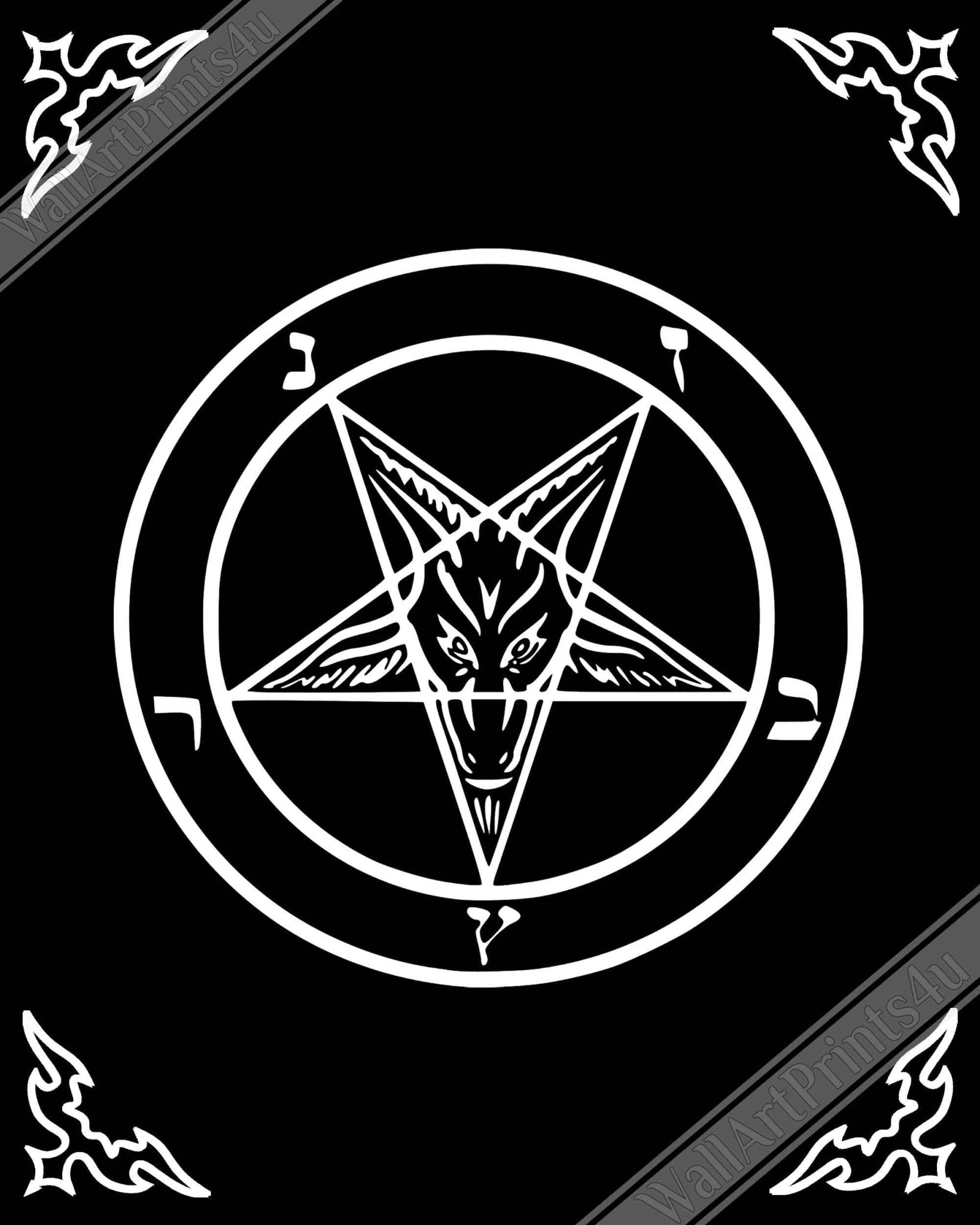 Satanic Goat Poster White On Black - Sigil Of Baphomet Poster - Satanic Goat Pentagram Print White Black - WallArtPrints4U