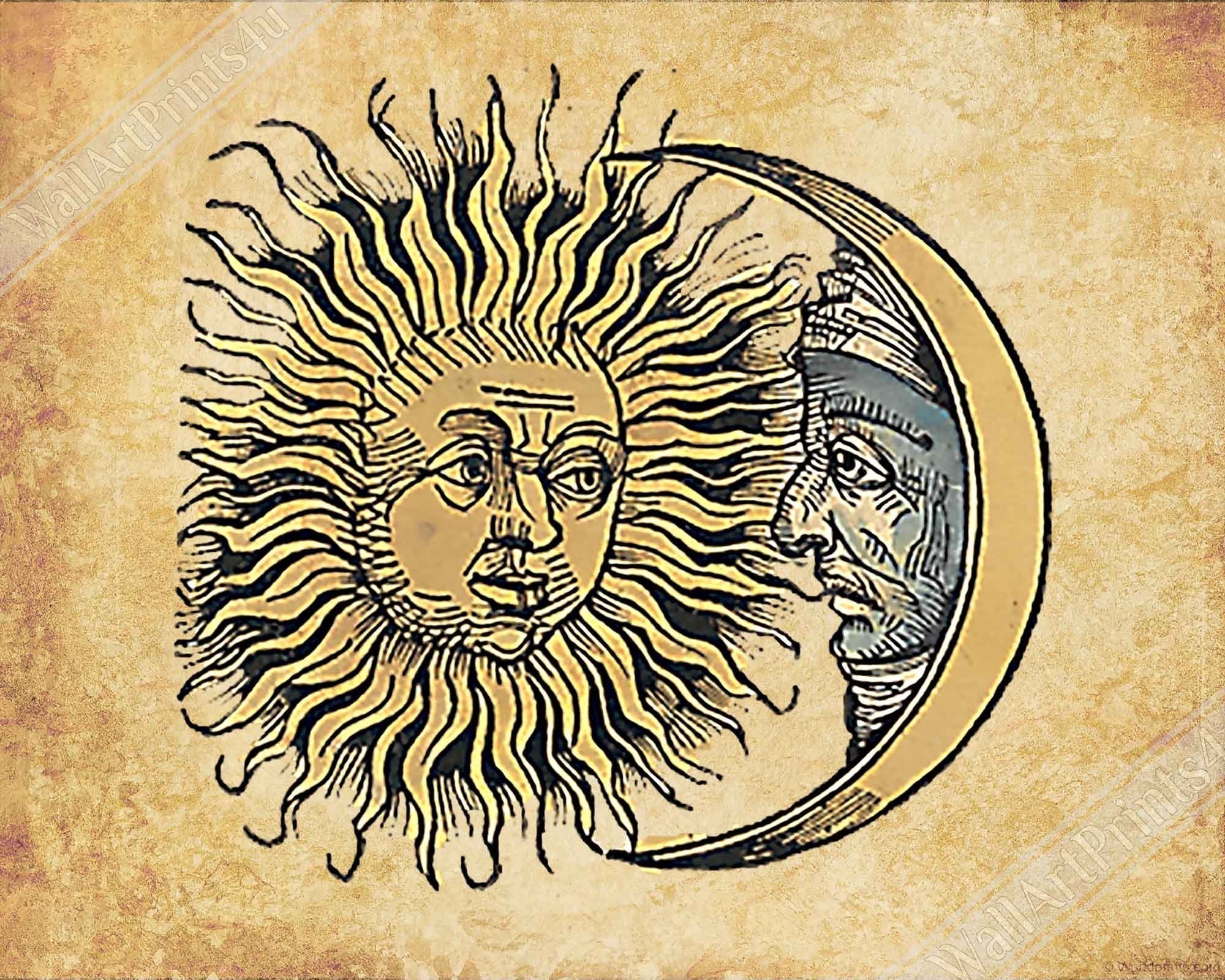 Sun Moon Framed Vintage Sun And Moon Framed Print Aged Parchment - WallArtPrints4U