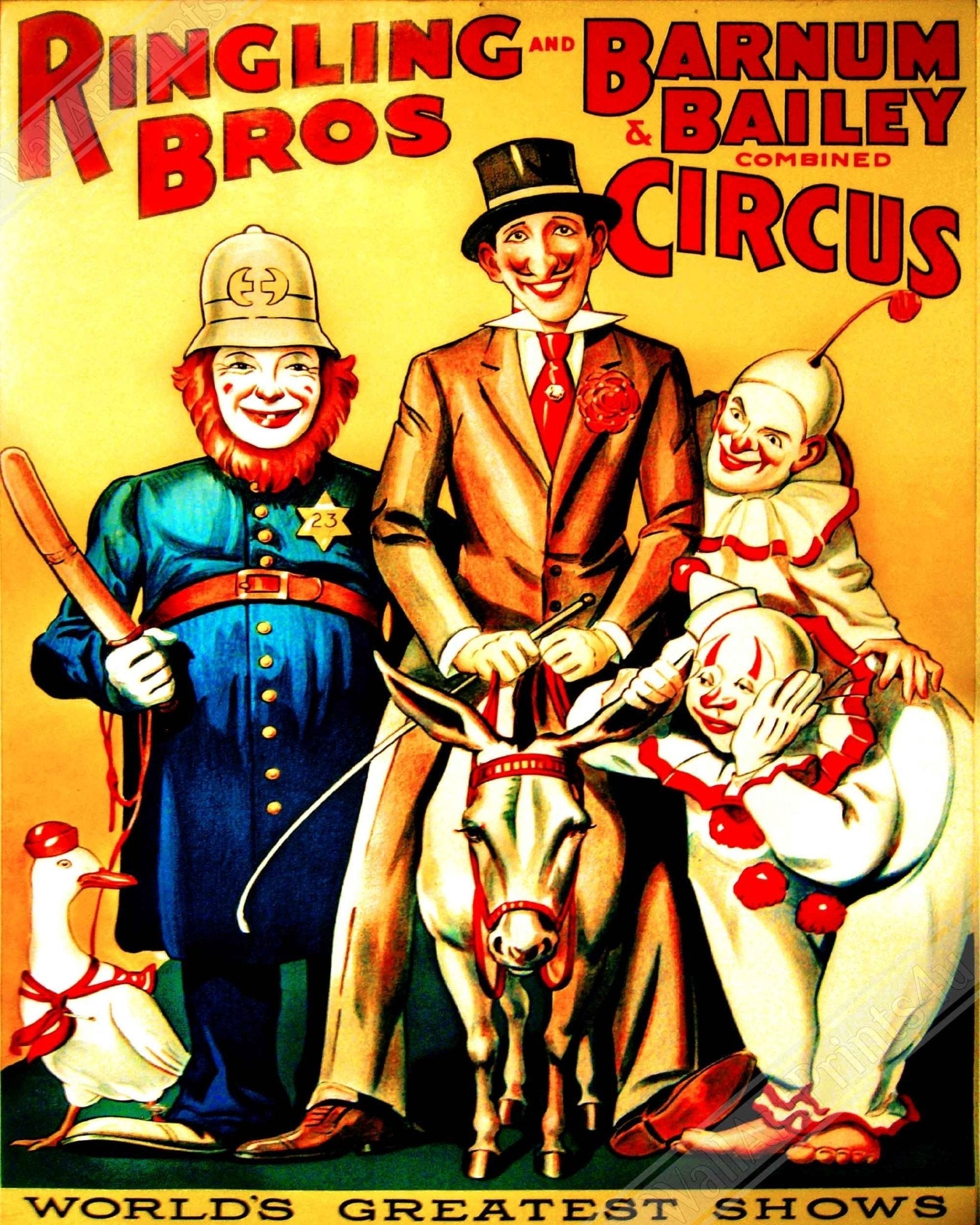 Vintage Circus Canvas, Clowns Combined Circus, Ringling Brothers, Barnum & Bailey, Circa 1919. - WallArtPrints4U