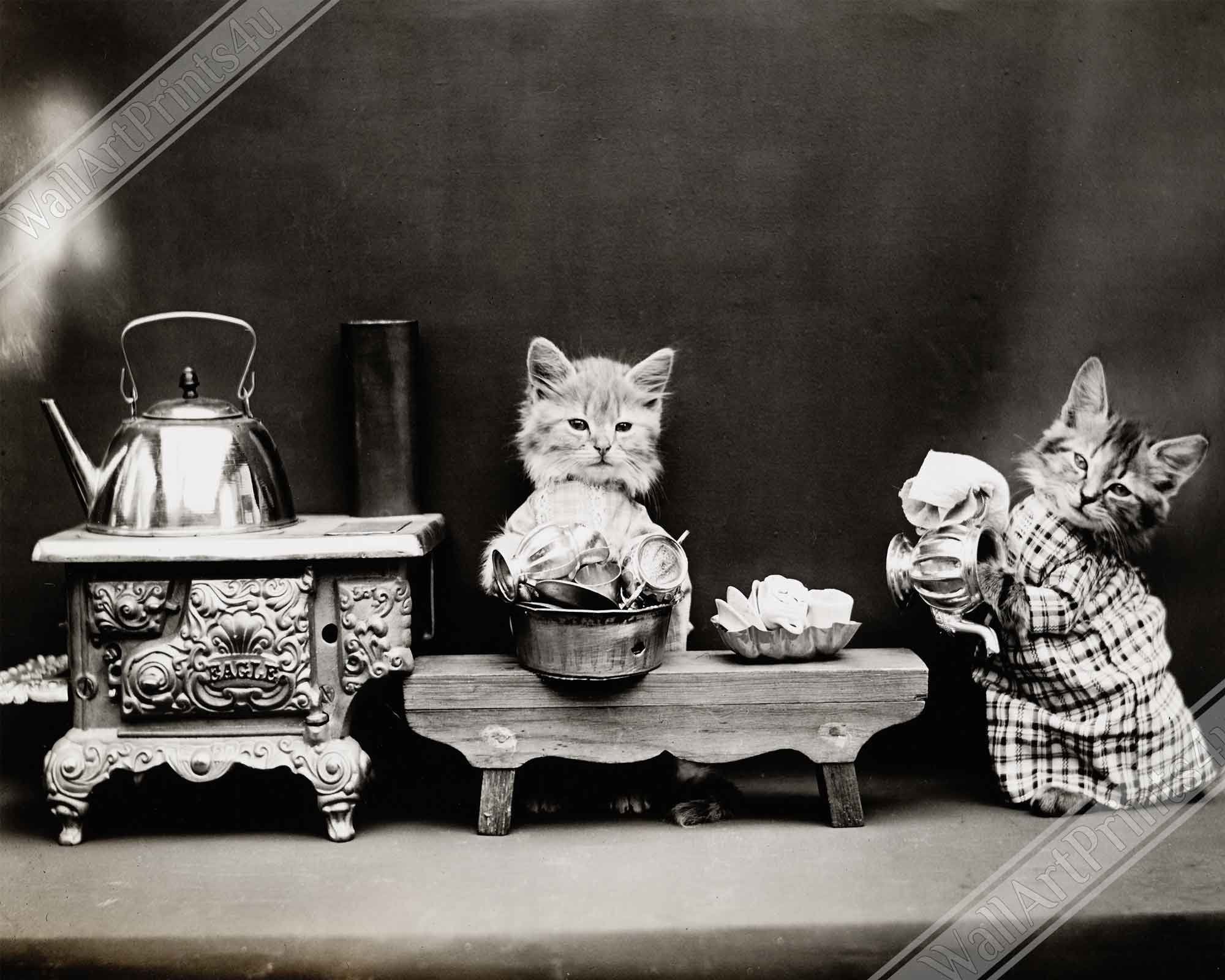 Vintage Cute Cat Framed Print Kitten Washing Dishes - Cute Kitten Framed Print - Vintage Cat Kitten Framed - WallArtPrints4U