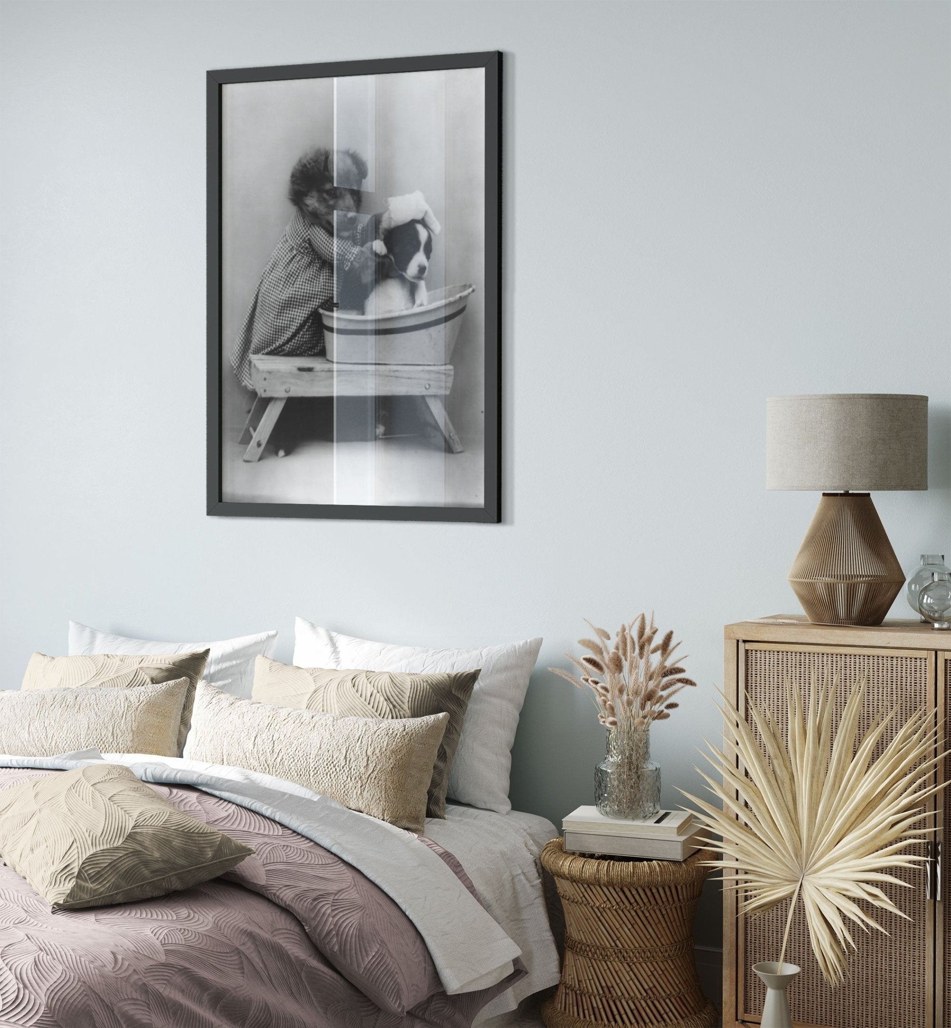 Vintage Cute Dog Framed Print Bath Time Puppy - Cute Bathroom Puppy Framed Print - Vintage Dog Puppy Framed UK, EU USA Domestic Shipping - WallArtPrints4U