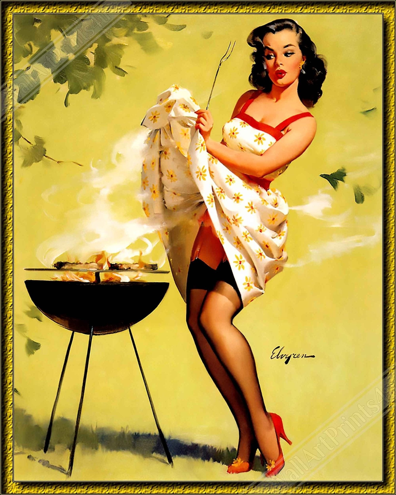 Vintage Pin Up Girl Canvas, Barbeque Fanning Smoke - Gil Elvgren - Vintage Art - Retro Pin Up Girl Canvas Print - Late 1940'S - 1950'S - WallArtPrints4U