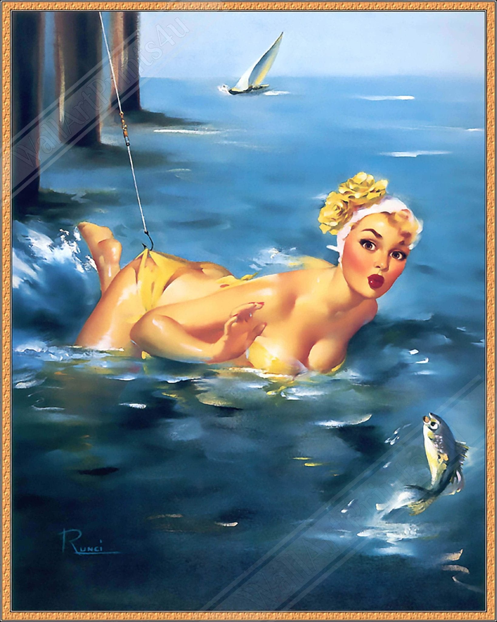 Vintage Pin Up Girl Canvas, Yellow Bikini, Edward Runci - Vintage Art - Retro Pin Up Girl Canvas Print - Late 1940'S - 1950'S - WallArtPrints4U