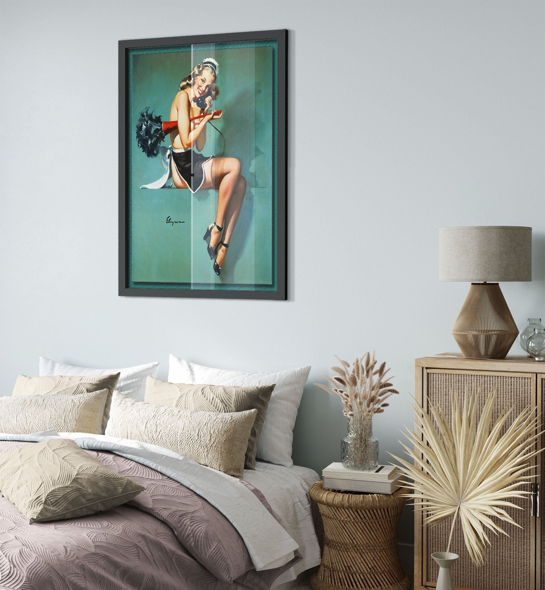 Vintage Pin Up Girl Framed, On The Phone Cleaning - Gil Elvgren, Vintage Art - Retro Pin Up Girl Framed Print - Late 1940'S - 1950'S - WallArtPrints4U