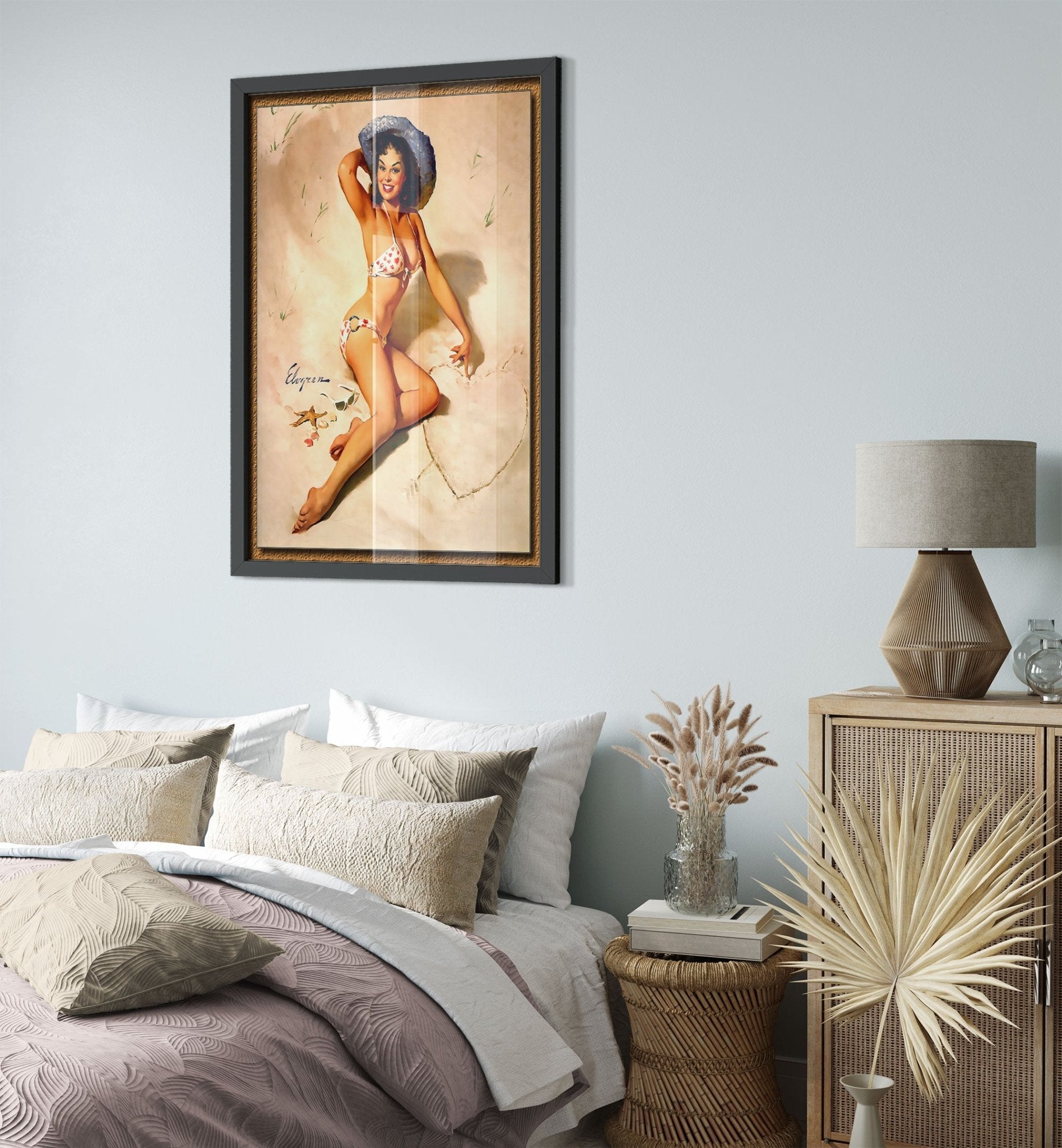 Vintage Pin Up Girl Framed Print, Bikini With Hearts, Gil Elvgren - Vintage Art - Retro Pin Up Girl Framed - Late 1940's - 1950's - WallArtPrints4U